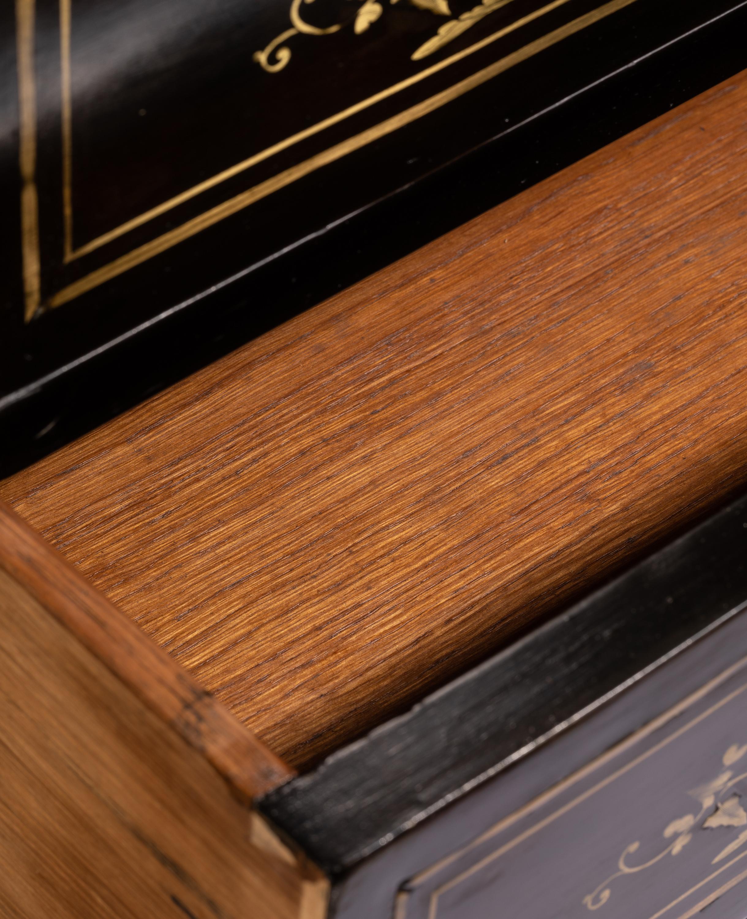 Chiffoniere Napoleone III in ebano con scrivania, intarsi in ottone in vendita 12