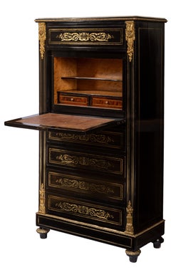 Napoleon III Ebony Chiffonier with Secretary Desk, Brass Inlay Detailing