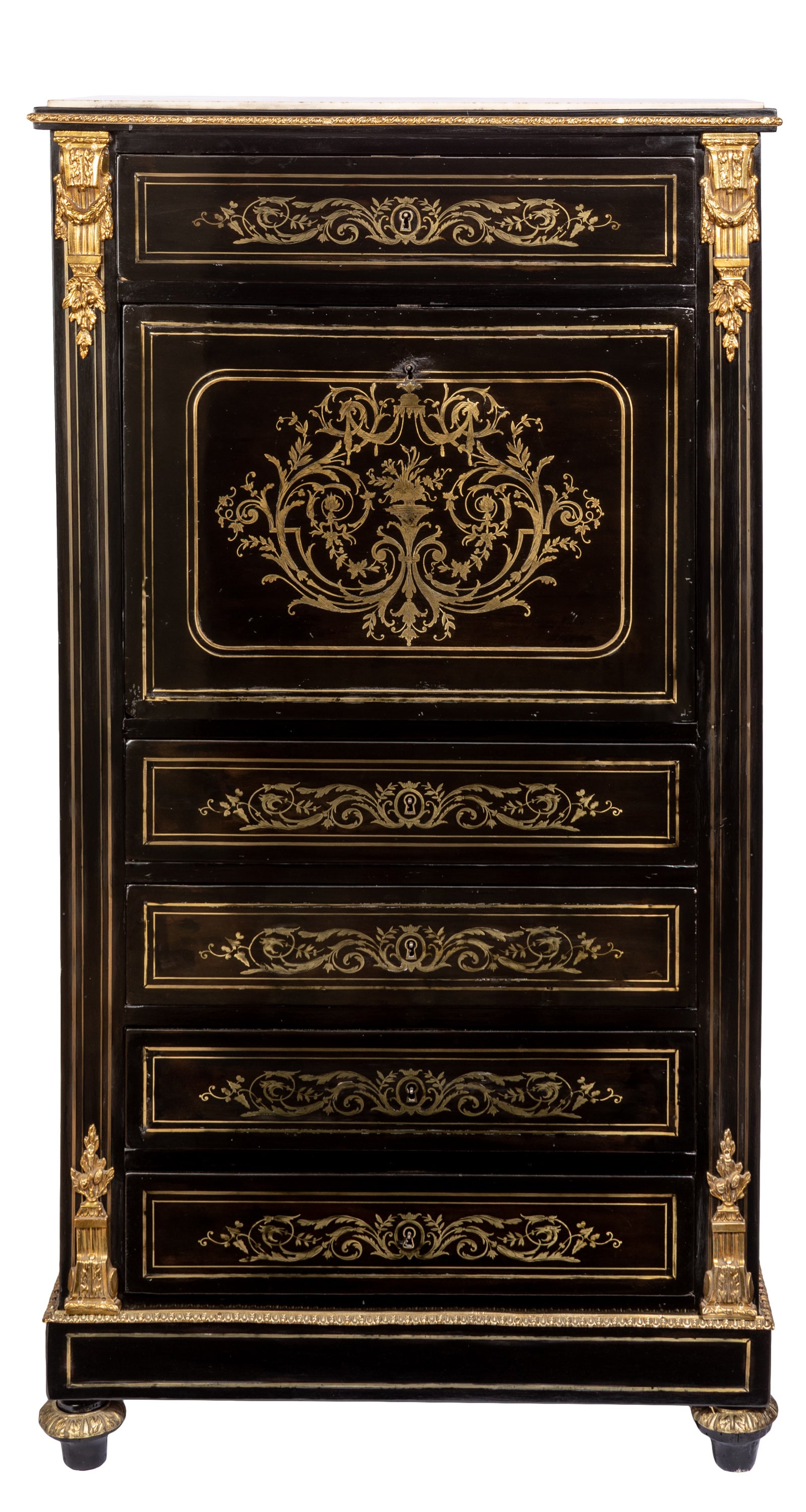 Francese Chiffoniere Napoleone III in ebano con scrivania, intarsi in ottone in vendita