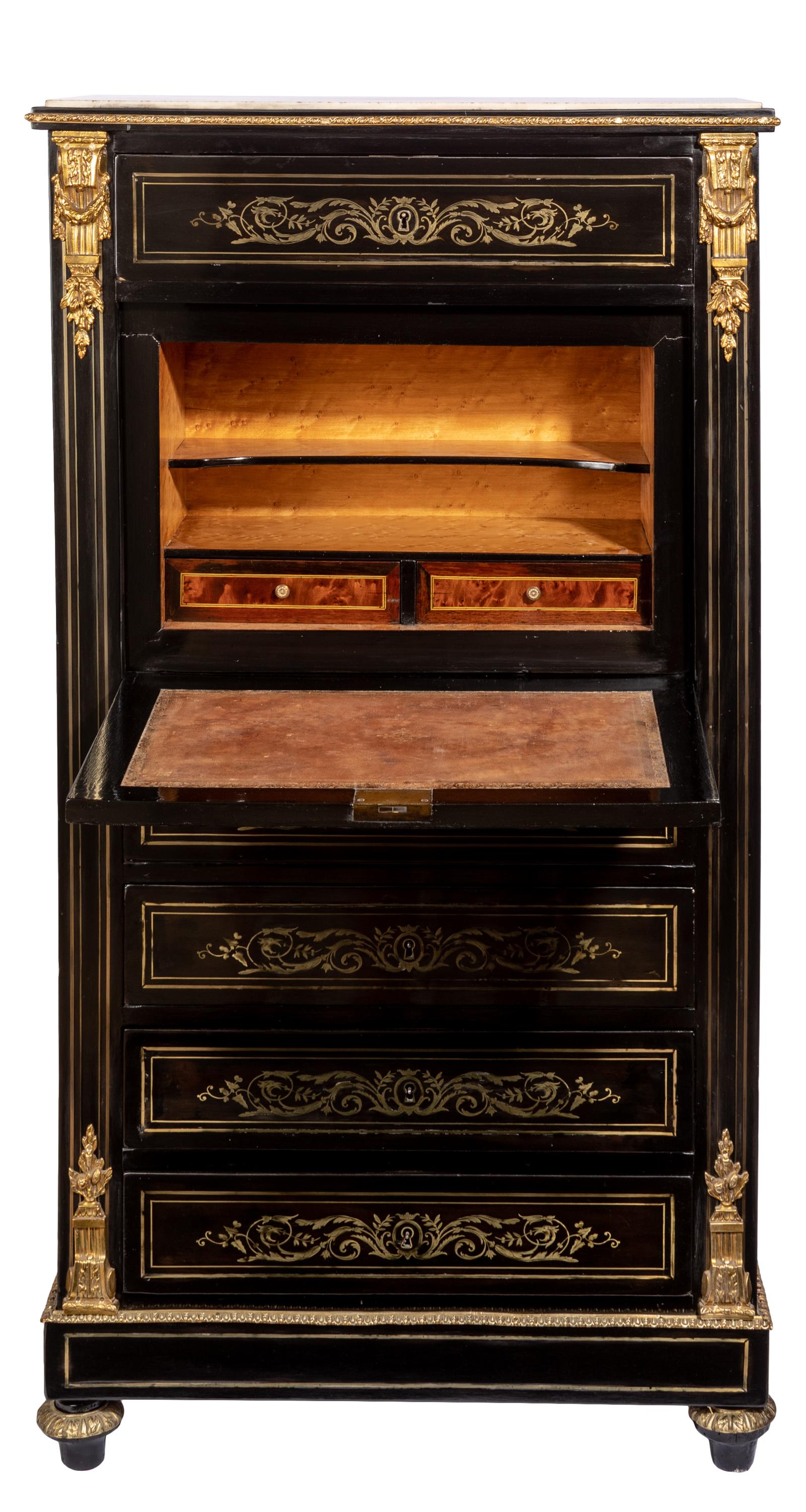 Ebanizzato Chiffoniere Napoleone III in ebano con scrivania, intarsi in ottone in vendita