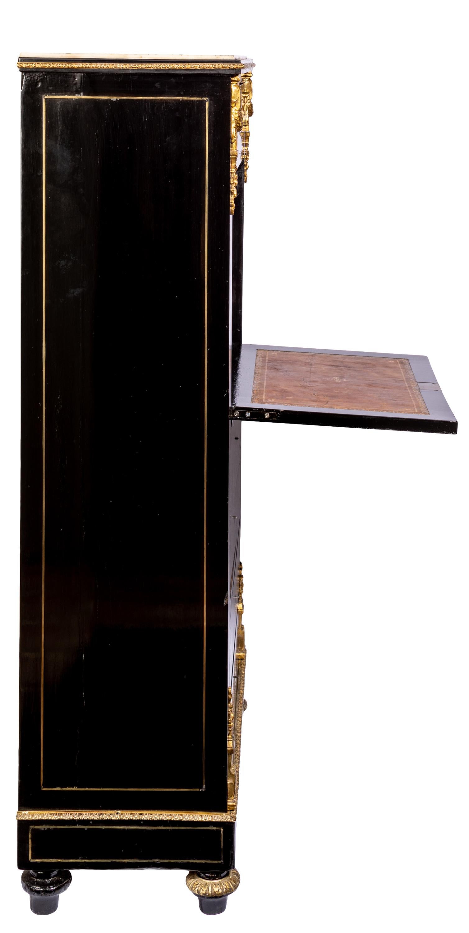 Ottone Chiffoniere Napoleone III in ebano con scrivania, intarsi in ottone in vendita