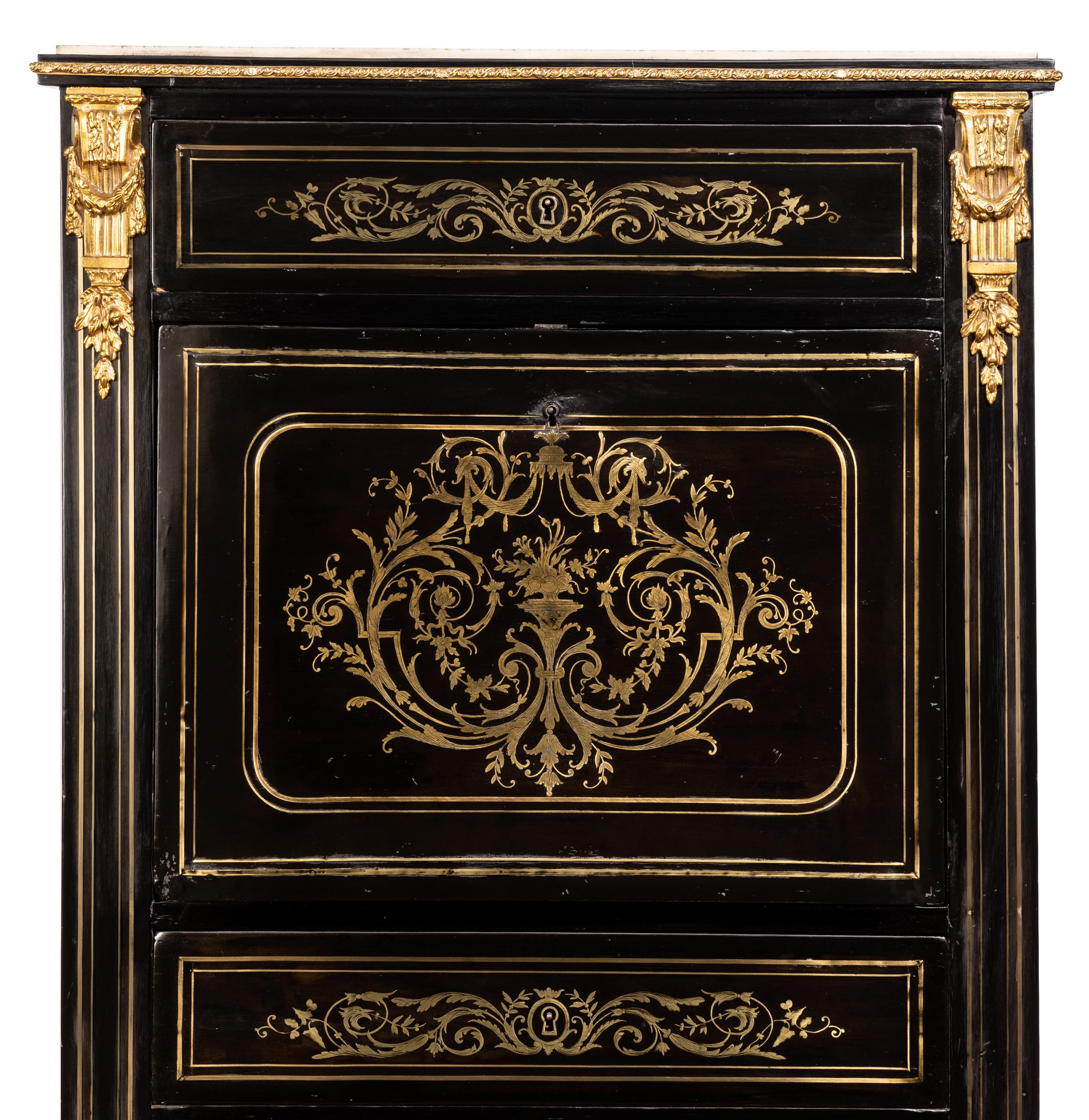 Chiffoniere Napoleone III in ebano con scrivania, intarsi in ottone in vendita 2