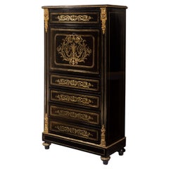 Chiffonnier Napoléon III en ébène avec bureau secrétaire, incrustations en laiton