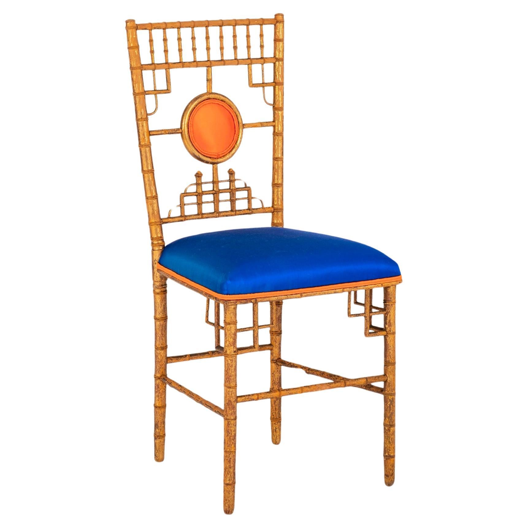 Napoleon III Electric Blue Silk Giltwood Bamboo Chair For Sale