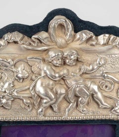 Napoleon III-era Table Mirror with Silver-Plated Metal Frame on Velvet.