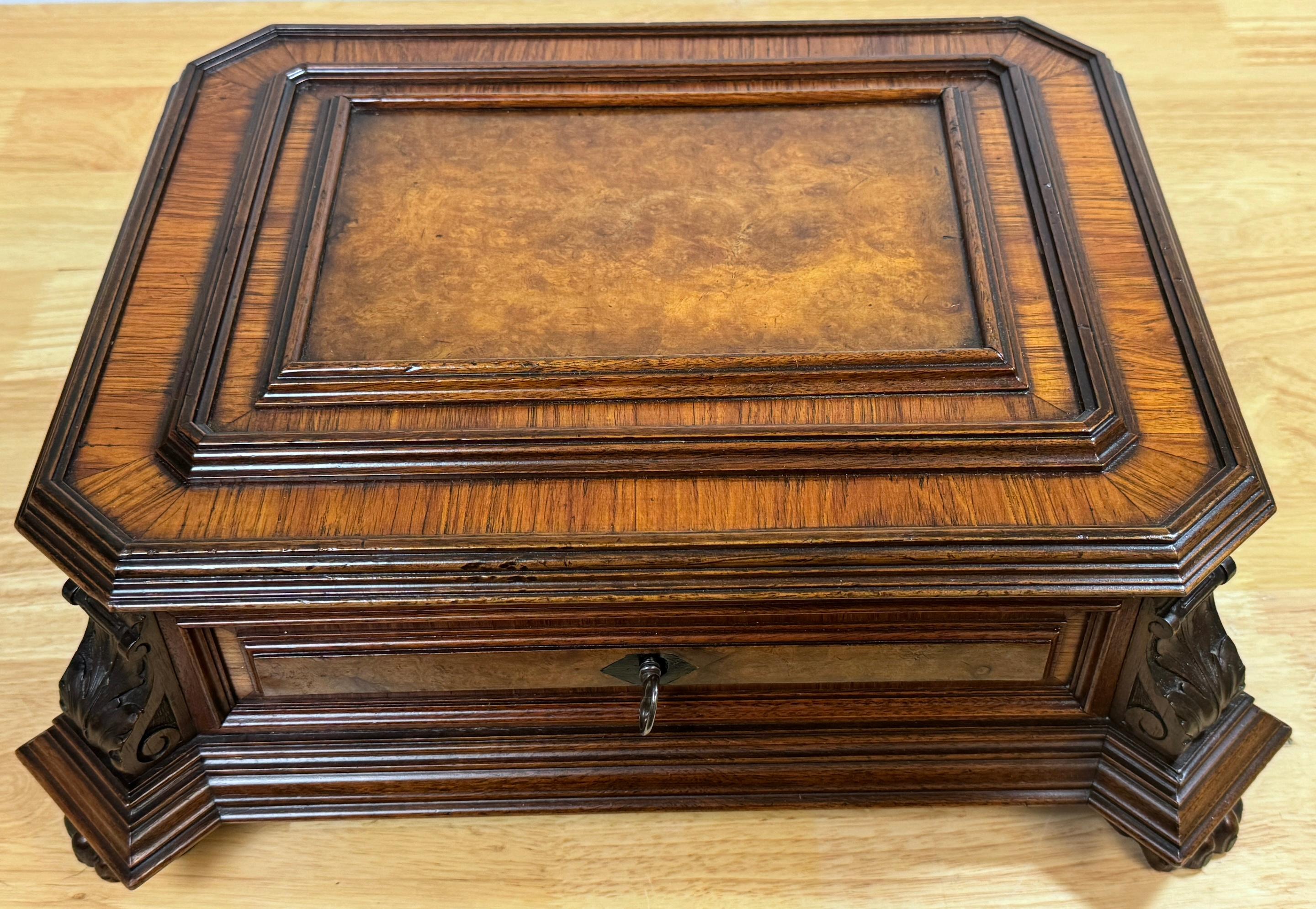 19th Century Napoleon III Exotic Burlwood Jewelry/ Table Box, France, Circa 1870s For Sale
