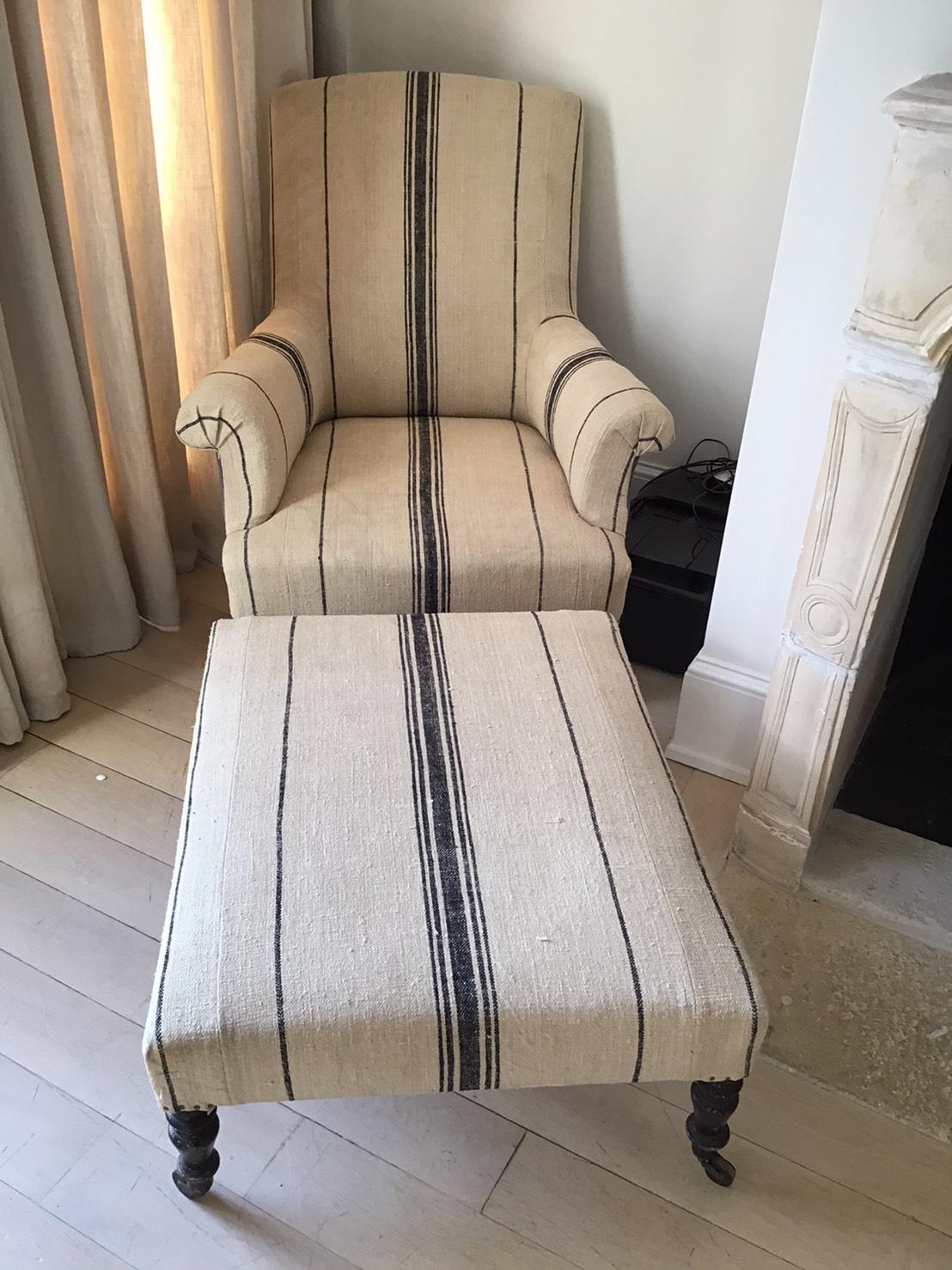 Napoleon III Fauteuil and Foot Stool Covered in Blue Band Antique Hemp 3