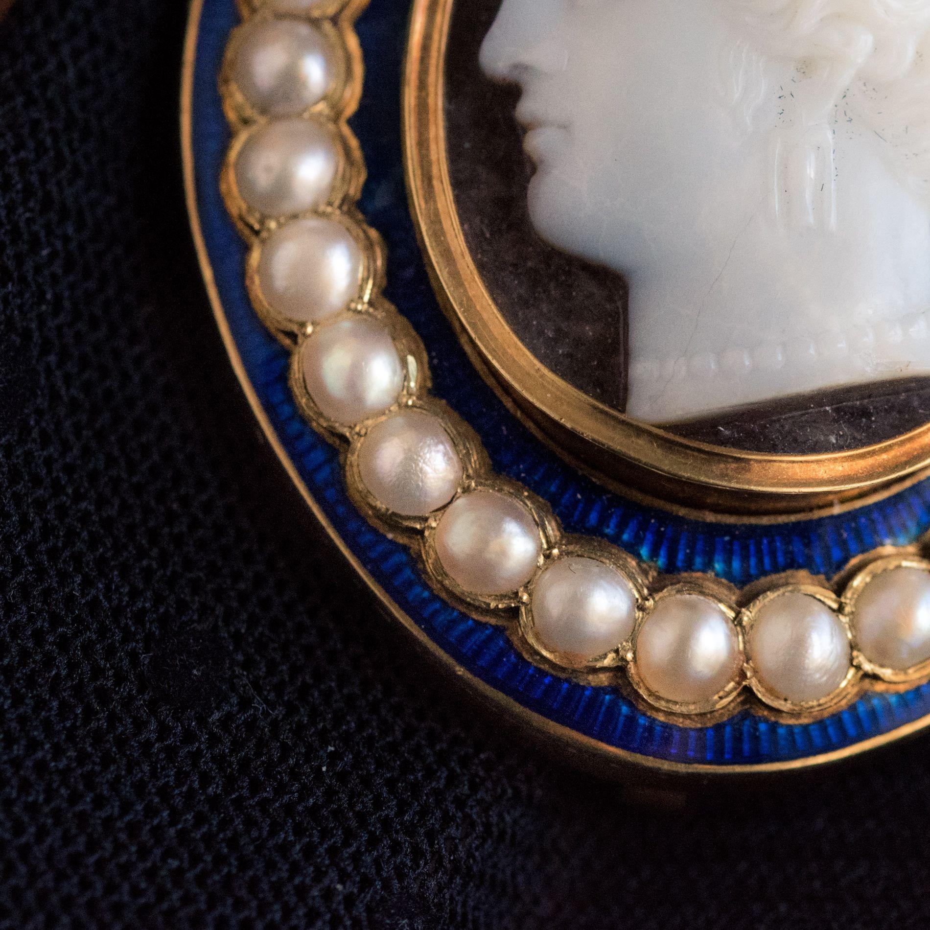 Napoleon III Natural Pearl Enamel Agate Gold Cameo Brooch 1
