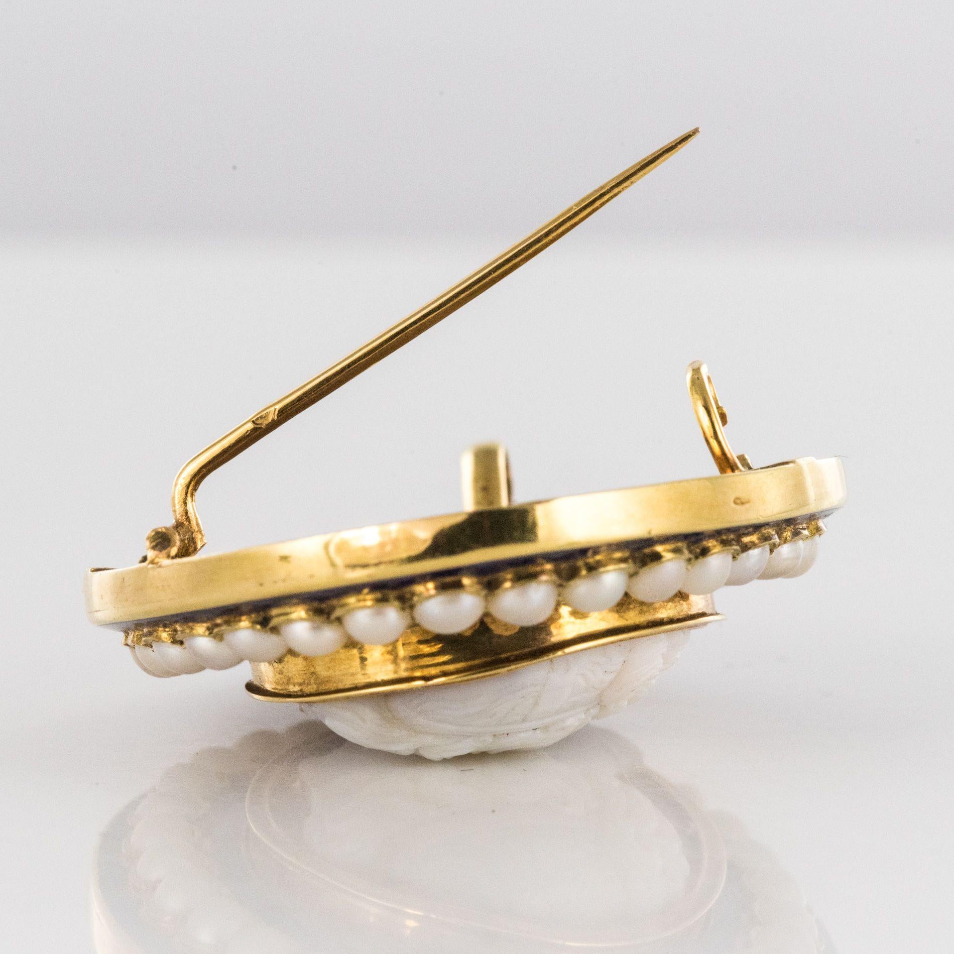 Napoleon III Natural Pearl Enamel Agate Gold Cameo Brooch 2