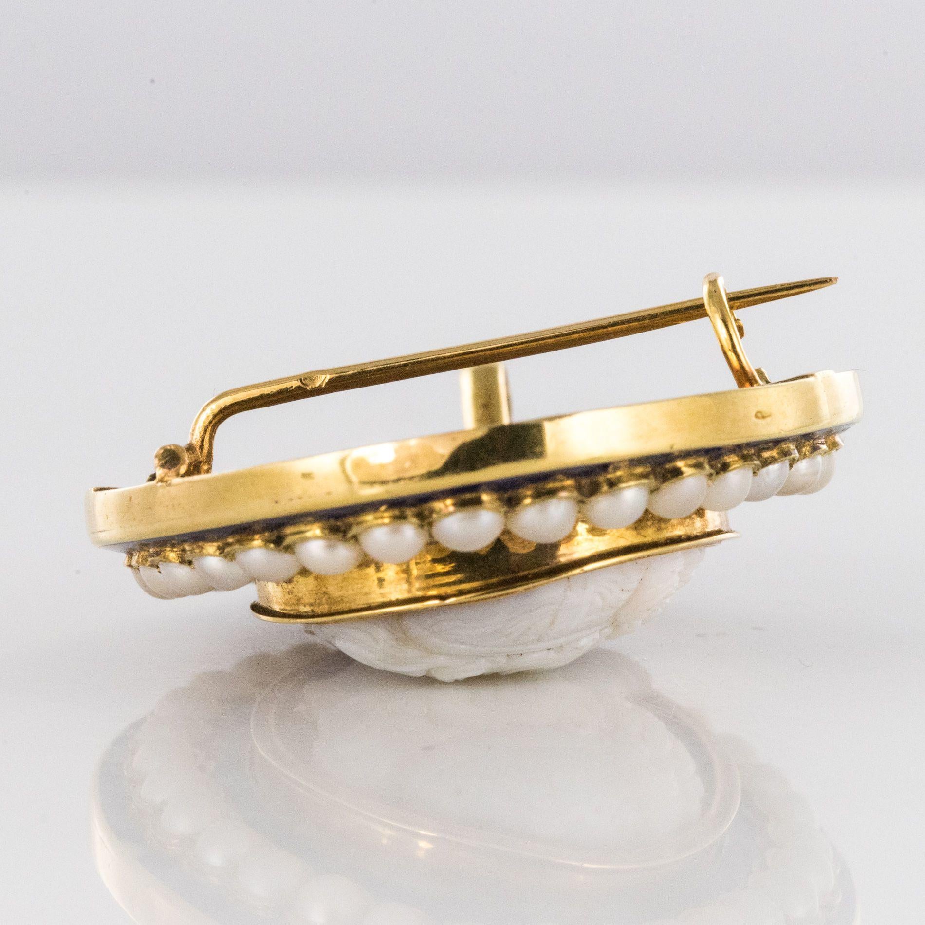 Napoleon III Natural Pearl Enamel Agate Gold Cameo Brooch 3