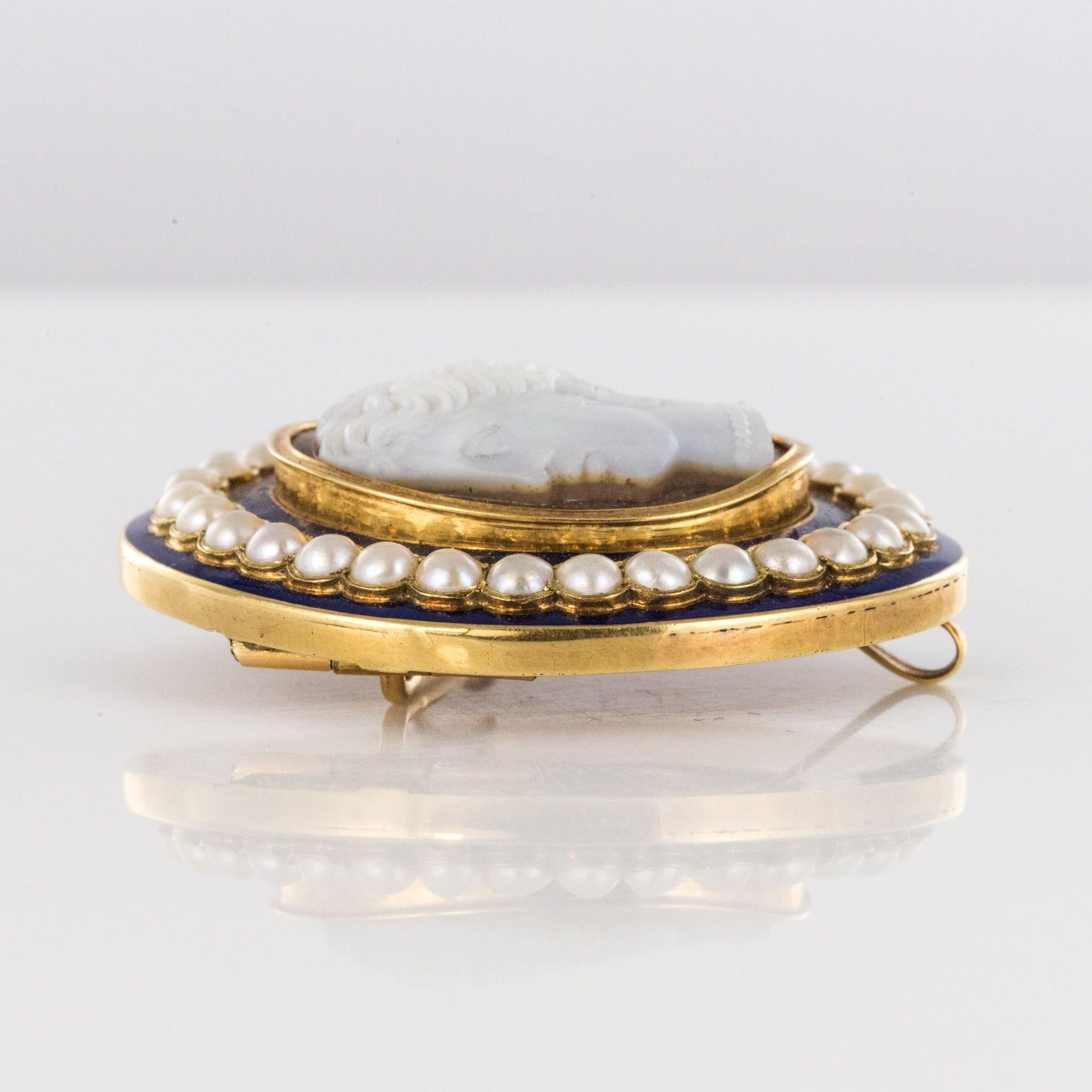 Napoleon III Natural Pearl Enamel Agate Gold Cameo Brooch 4