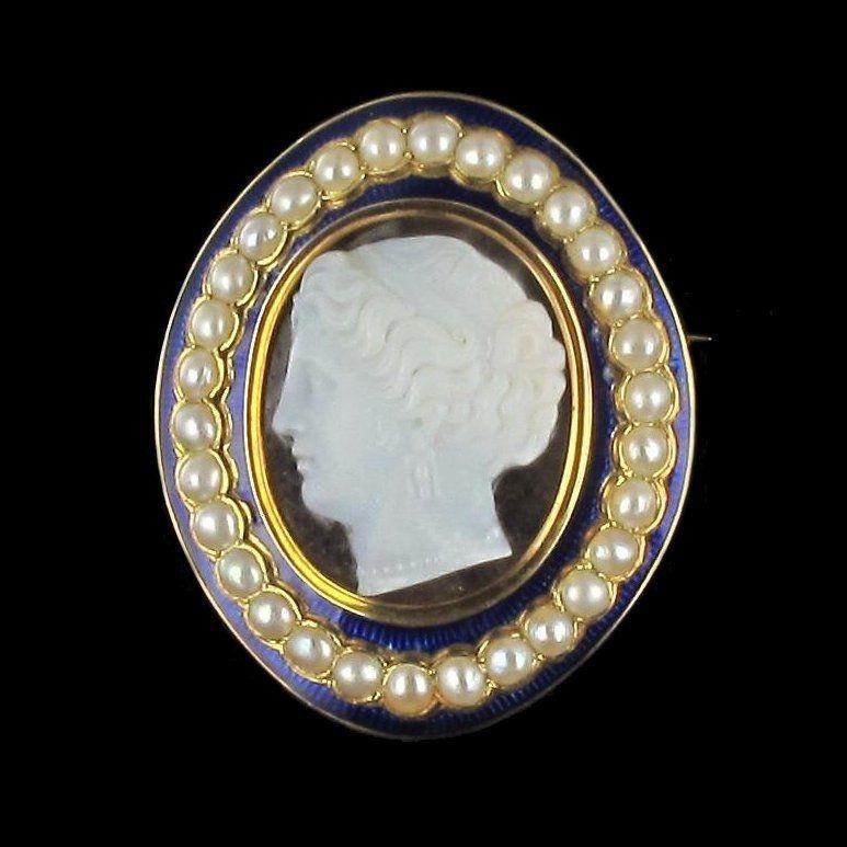 Napoleon III Natural Pearl Enamel Agate Gold Cameo Brooch 8