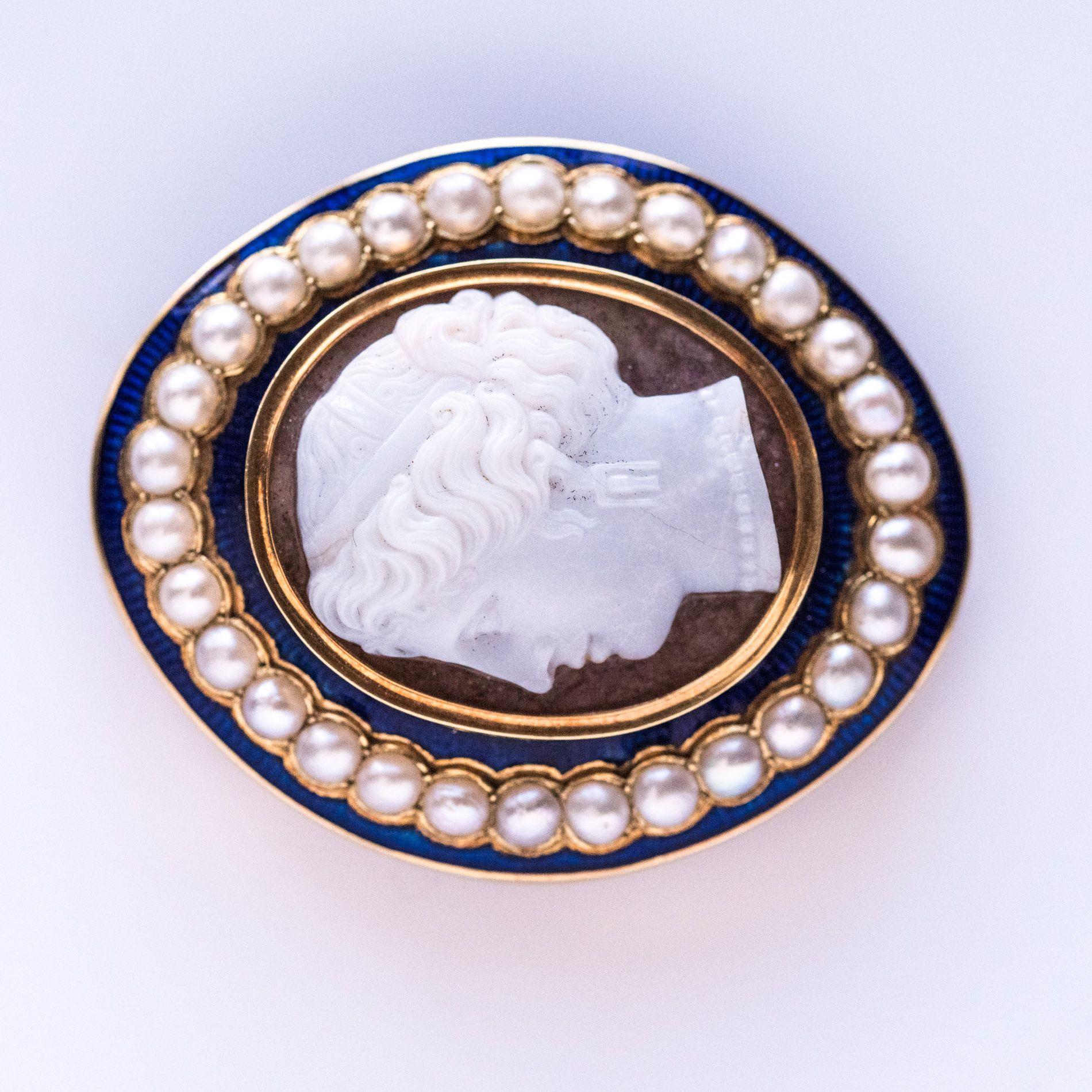 Napoleon III Natural Pearl Enamel Agate Gold Cameo Brooch 9