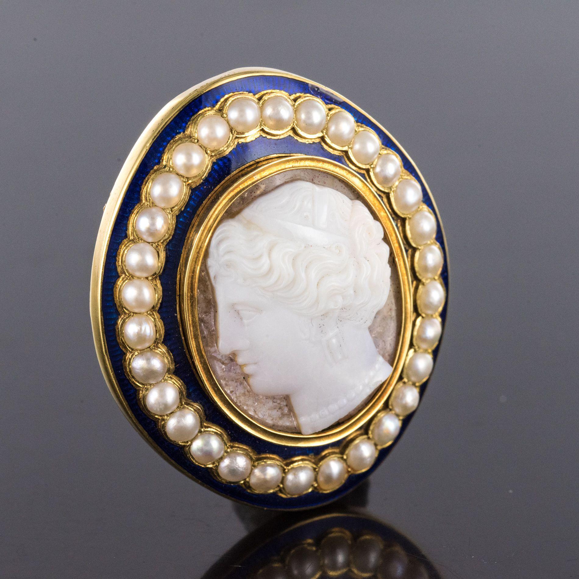 Uncut Napoleon III Natural Pearl Enamel Agate Gold Cameo Brooch