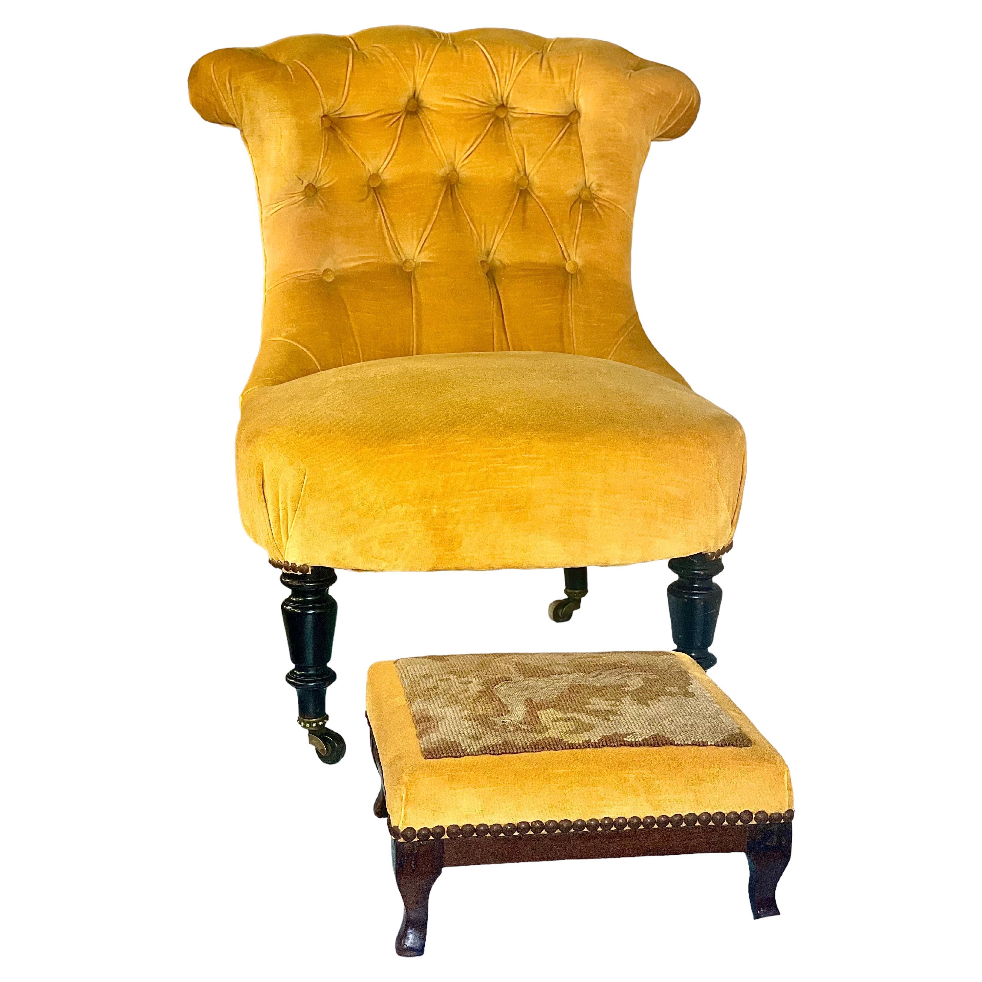 1860S French Fireside Chair and Matching Footstool For Sale