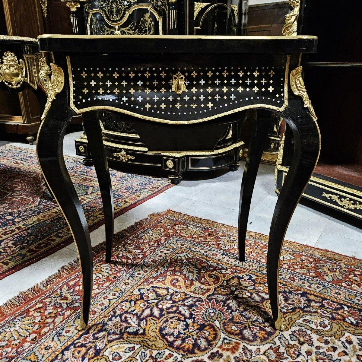 Louis XVI Napoleon III French Black Bronze Brass Boulle Marquetry Small Desk Cabinet
