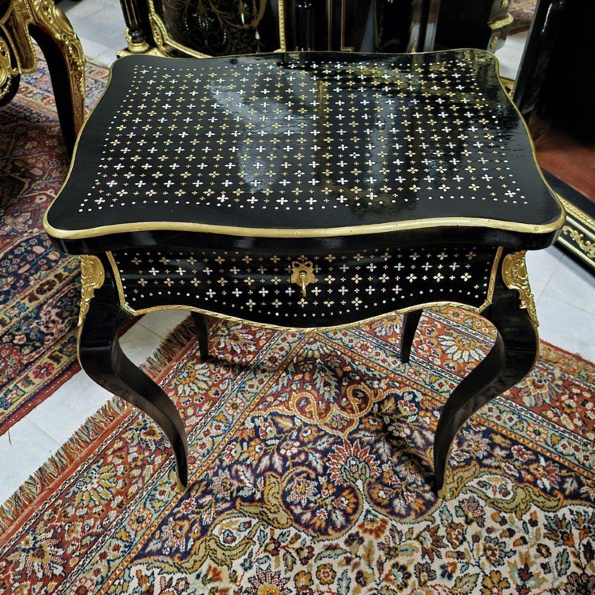 Gilt Napoleon III French Black Bronze Brass Boulle Marquetry Small Desk Cabinet