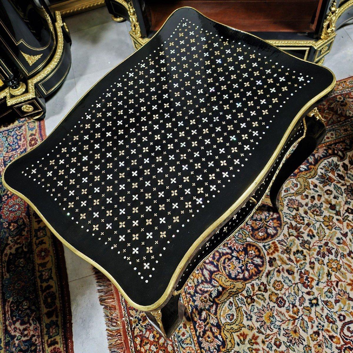 Napoleon III French Black Bronze Brass Boulle Marquetry Small Desk Cabinet In Good Condition In Paris, FR