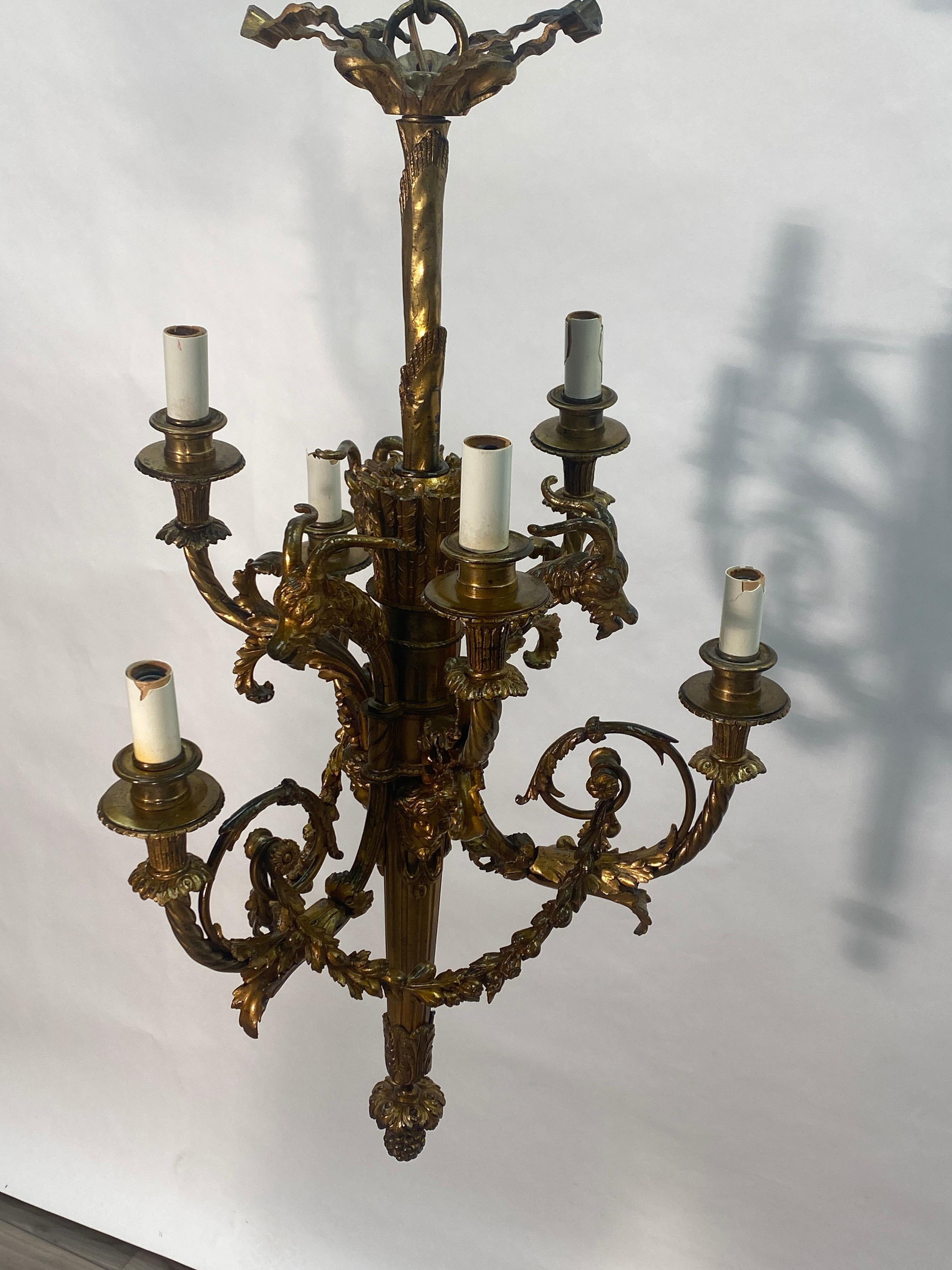 Napoleon III French Bronze Six Light Bronze Chandelier  In Good Condition For Sale In Nashville, TN