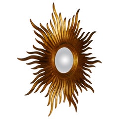 Antique Napoleon III French Carved Wood Sunburst-Starburst Convex Gilt Mirror