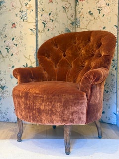 Chaise Crapaud du milieu du 19e siècle à dossier profond et à boutons, velours Pierre Frey