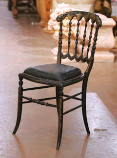 Napoleon III French Ebonized Side Chair with Gilt Decoration and Leather Seat