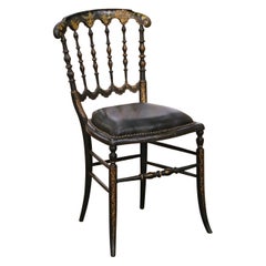 Napoleon III French Ebonized Side Chair with Gilt Decoration and Leather Seat