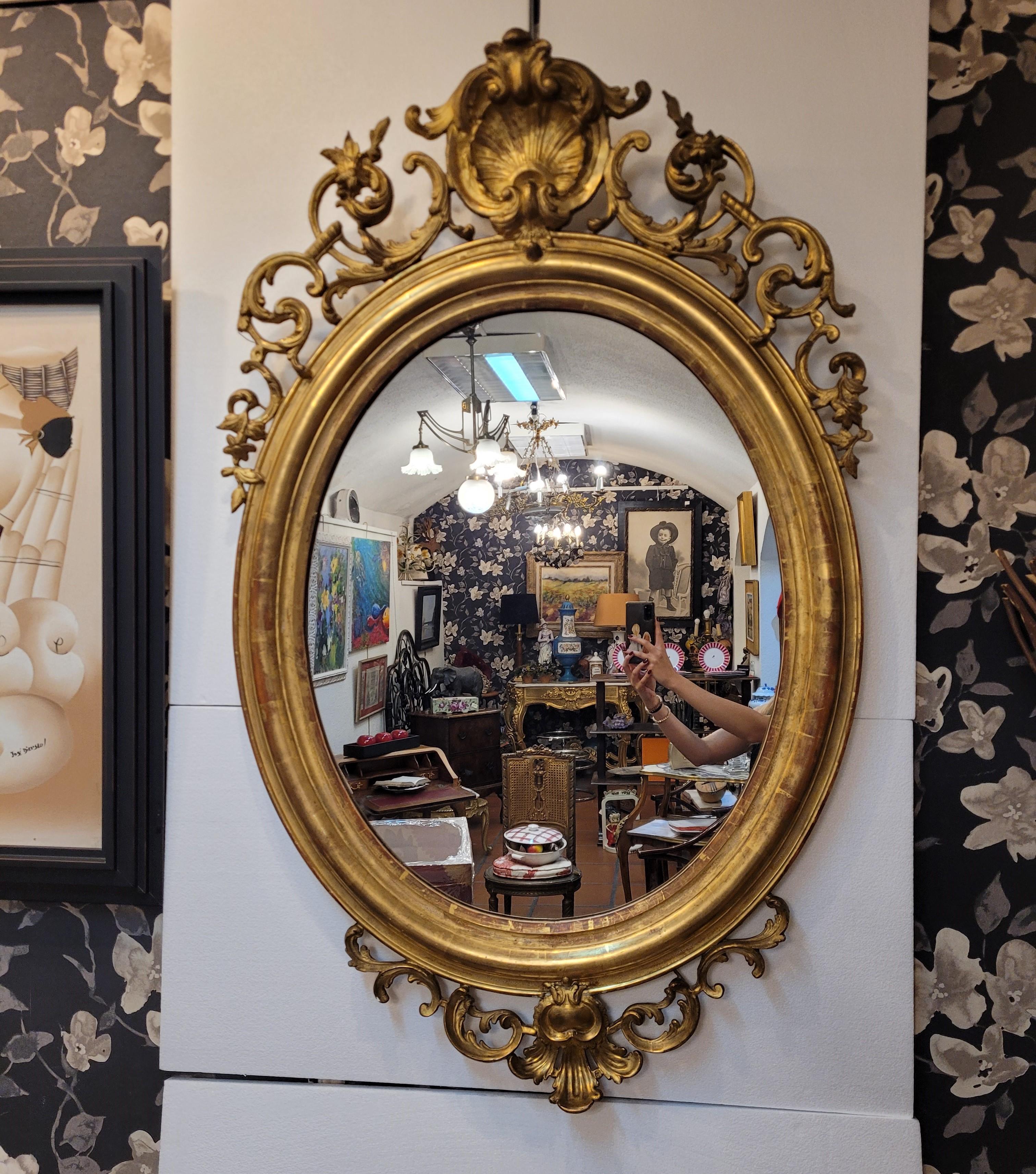 Napoleon III Napoleón III, French Gildwood Mirror, oval , floral carved gildwood