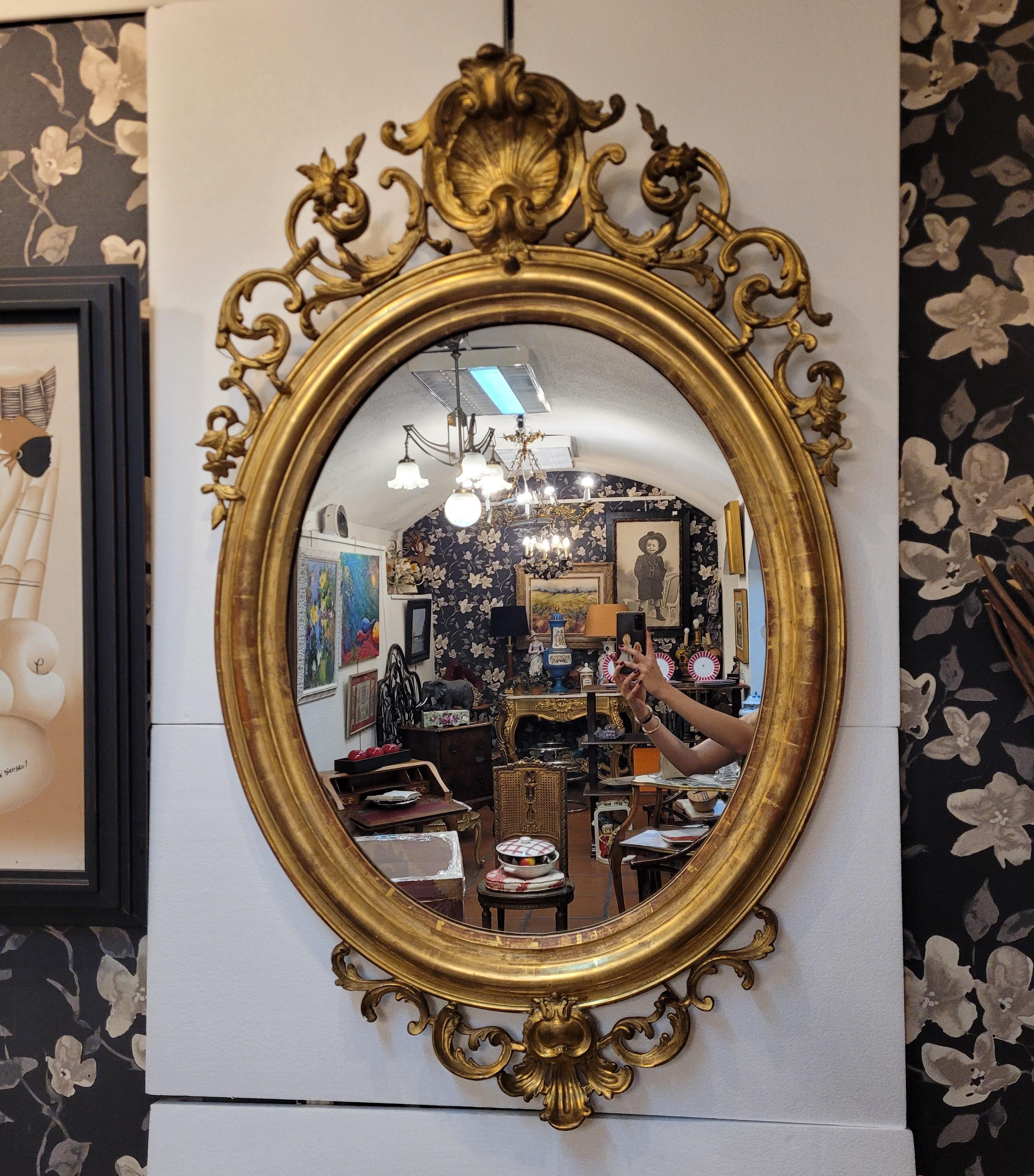 Hand-Crafted Napoleón III, French Gildwood Mirror, oval , floral carved gildwood