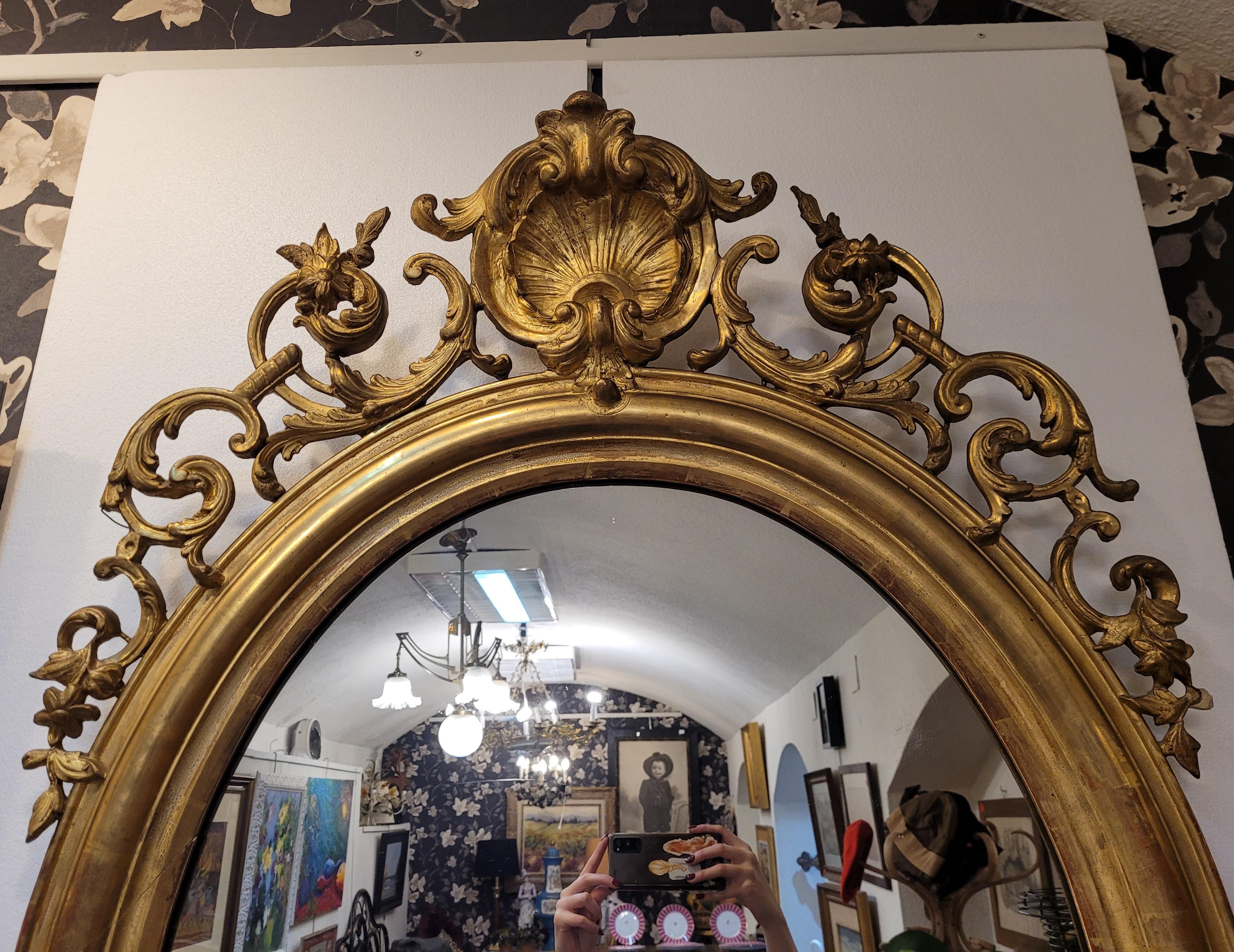 Late 19th Century Napoleón III, French Gildwood Mirror, oval , floral carved gildwood