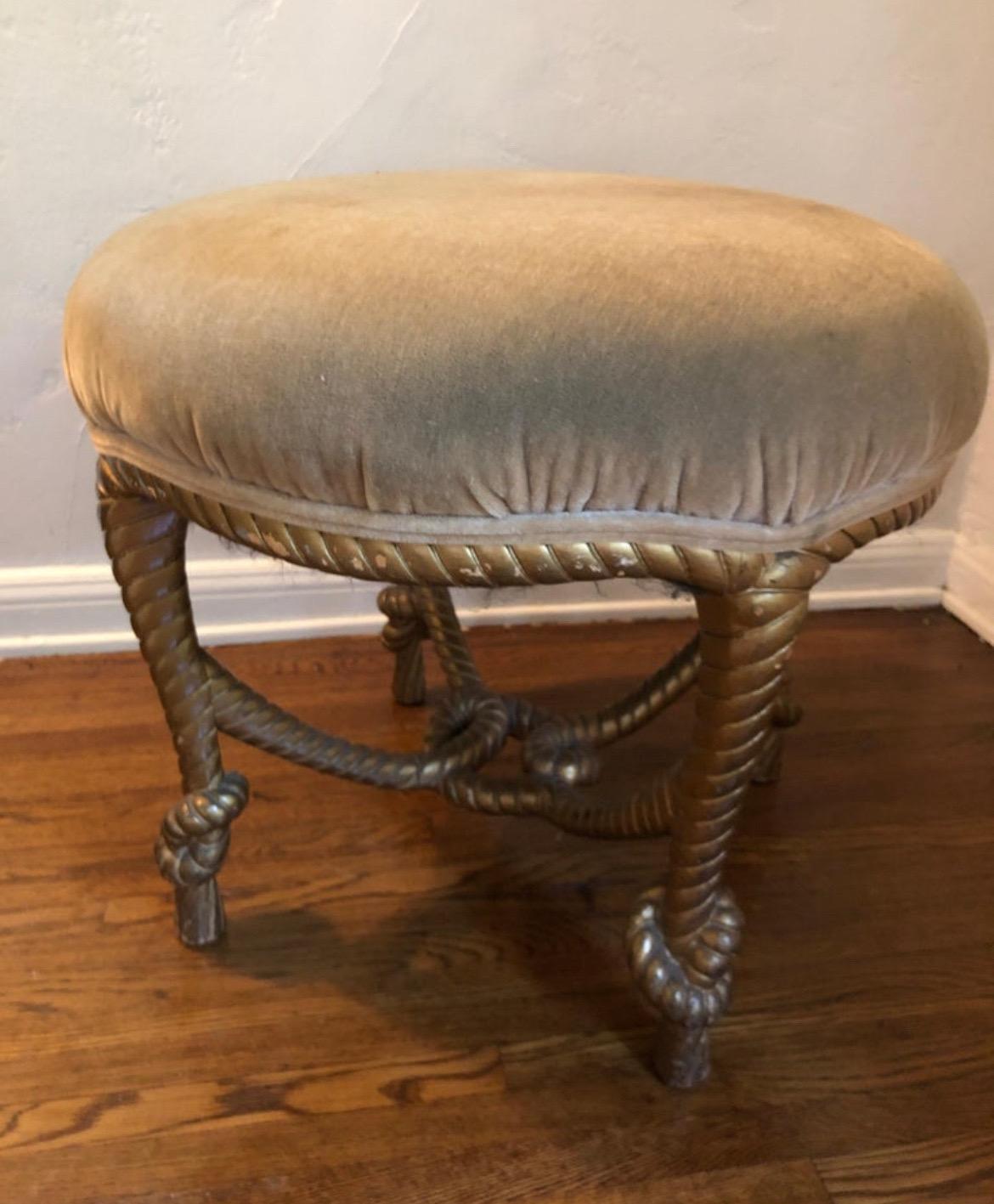 Napoleon III French Giltwood Twisted Rope Ottoman/Stool.  Tan Mohair Upholstery  For Sale 5