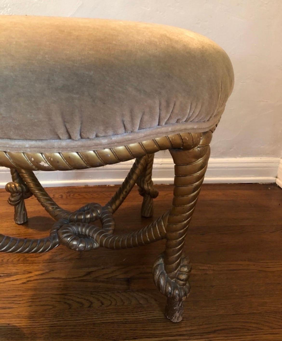 Carved Napoleon III French Giltwood Twisted Rope Ottoman/Stool.  Tan Mohair Upholstery  For Sale