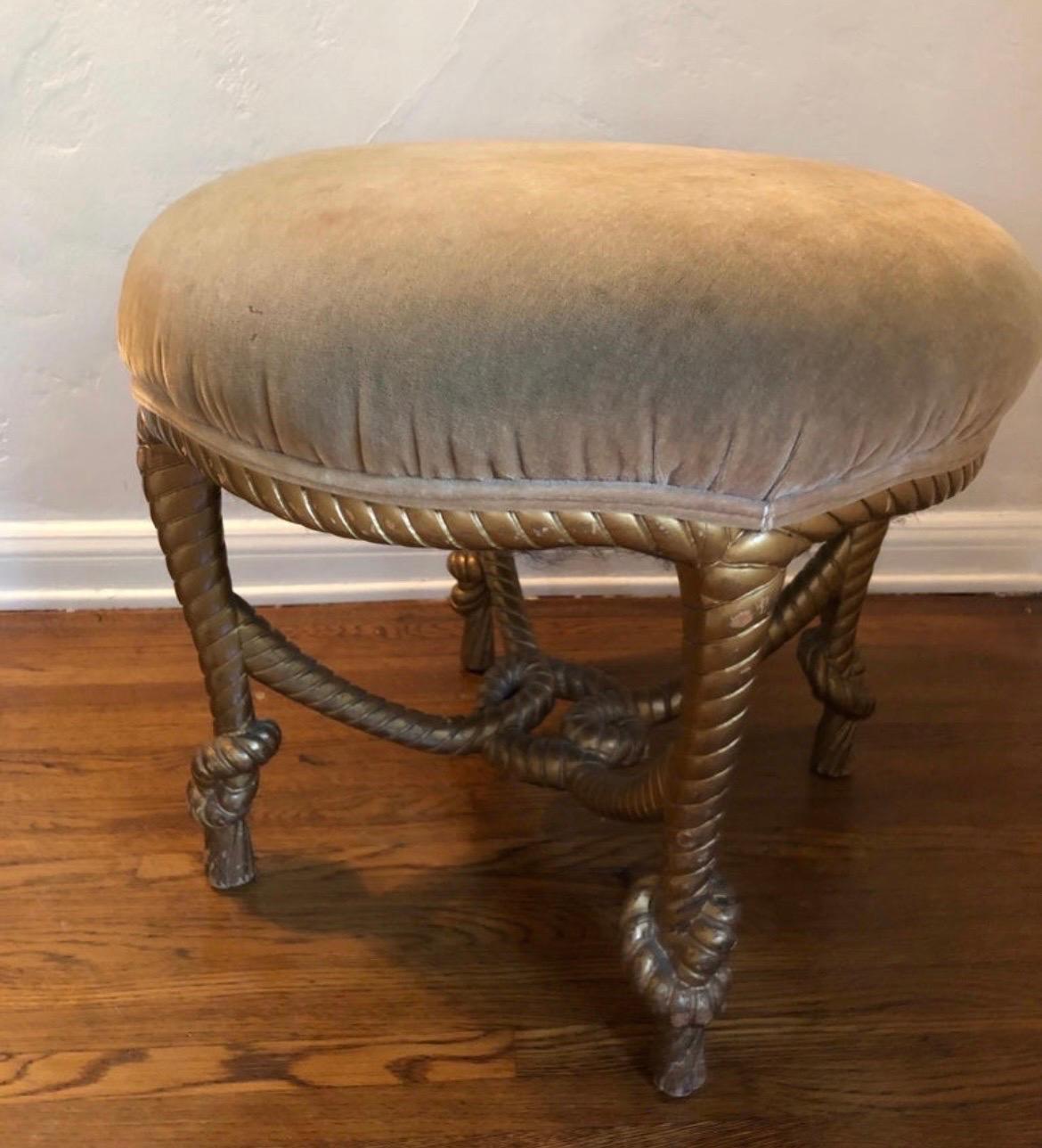 Napoleon III French Giltwood Twisted Rope Ottoman/Stool.  Tan Mohair Upholstery  In Good Condition For Sale In Los Angeles, CA