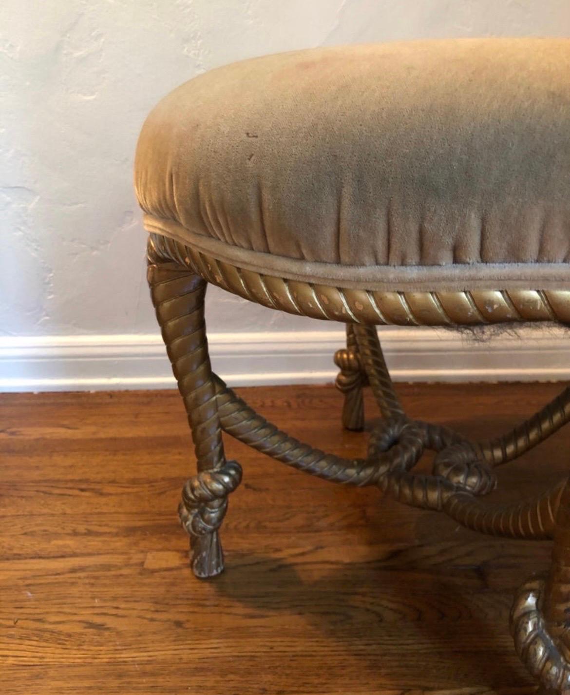20th Century Napoleon III French Giltwood Twisted Rope Ottoman/Stool.  Tan Mohair Upholstery  For Sale