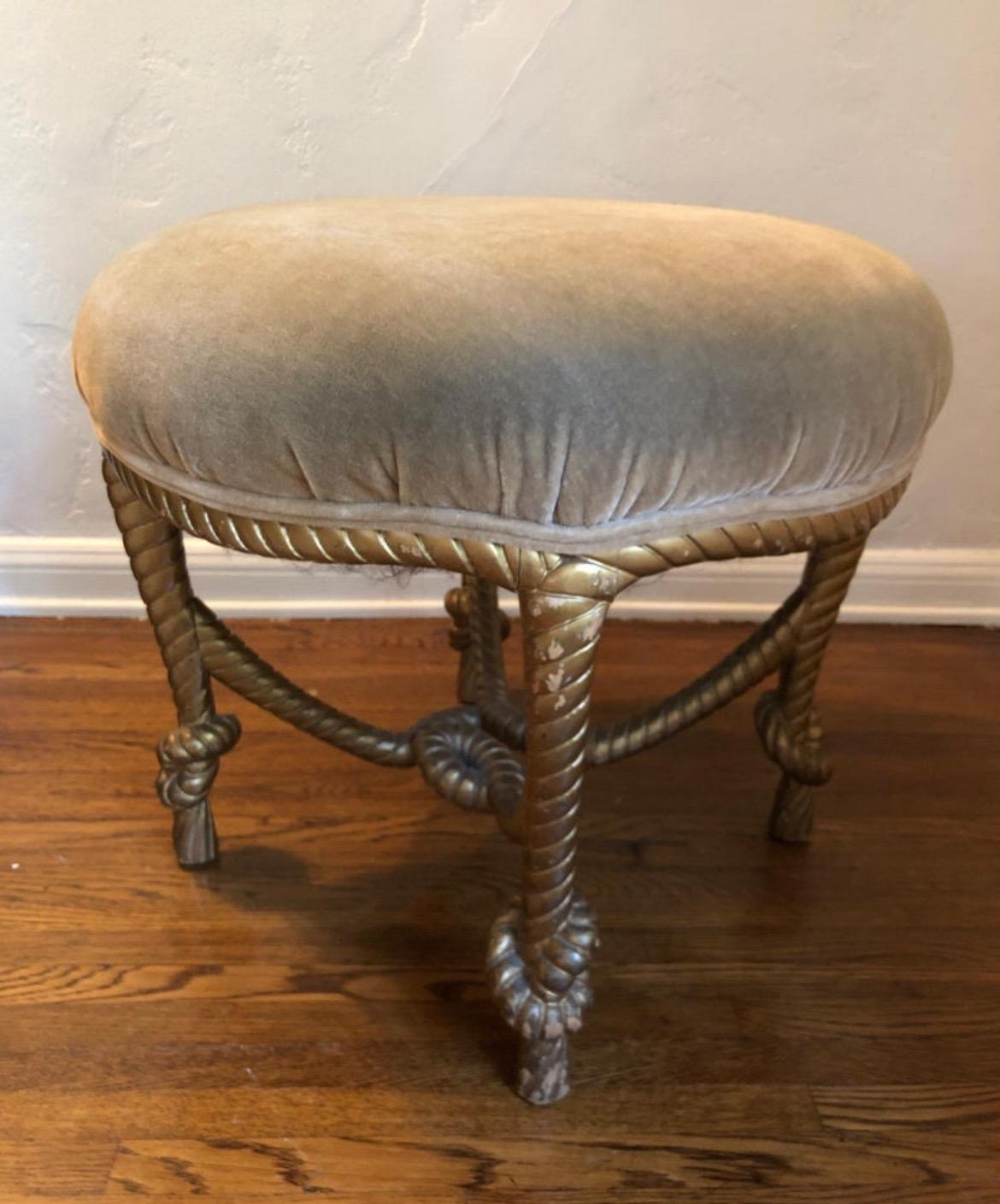 Napoleon III French Giltwood Twisted Rope Ottoman/Stool.  Tan Mohair Upholstery  For Sale 1