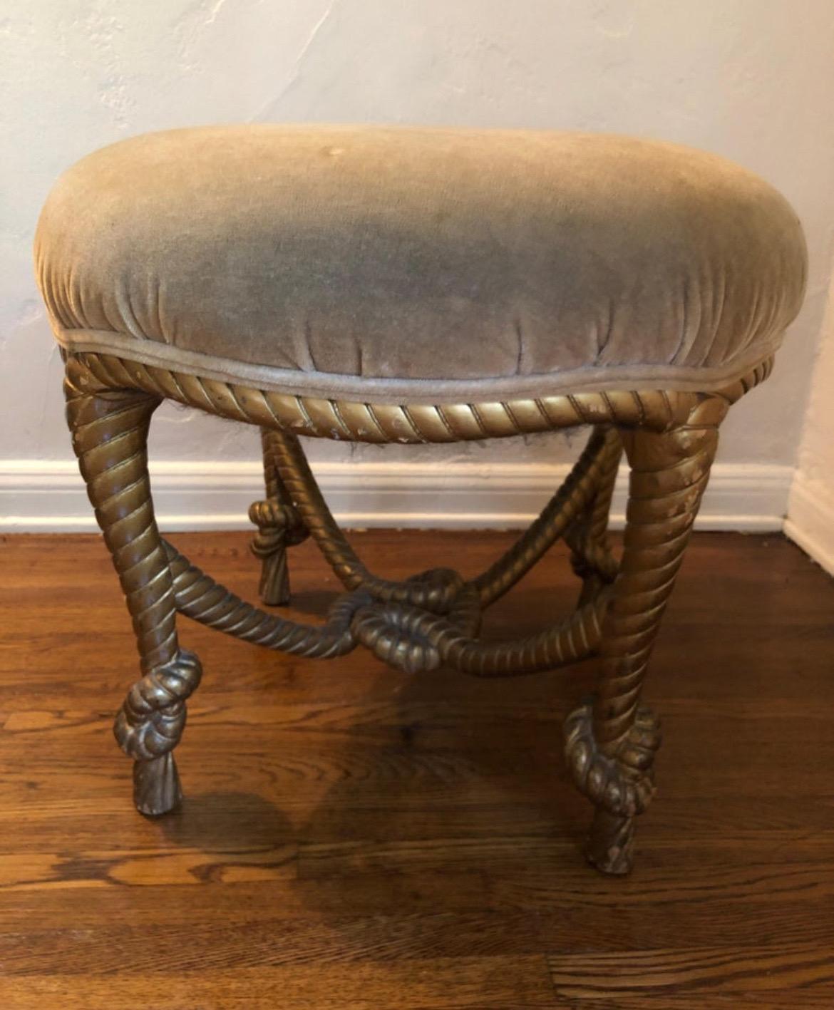 Napoleon III French Giltwood Twisted Rope Ottoman/Stool.  Tan Mohair Upholstery  For Sale 2