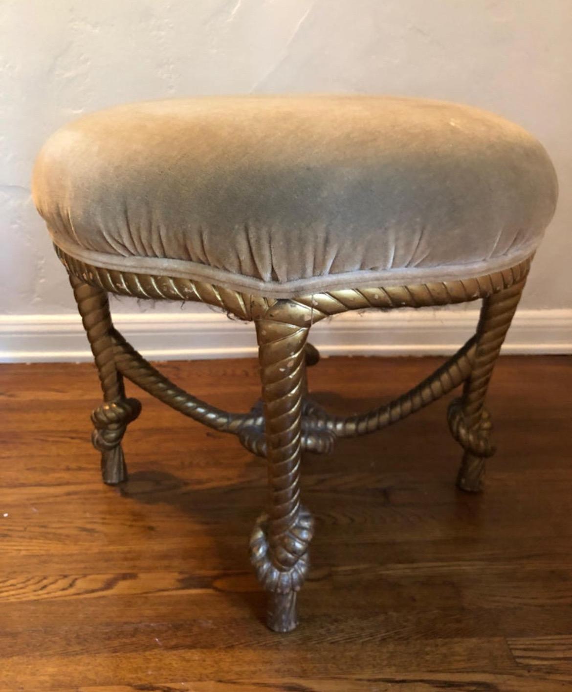 Napoleon III French Giltwood Twisted Rope Ottoman/Stool.  Tan Mohair Upholstery  For Sale 3