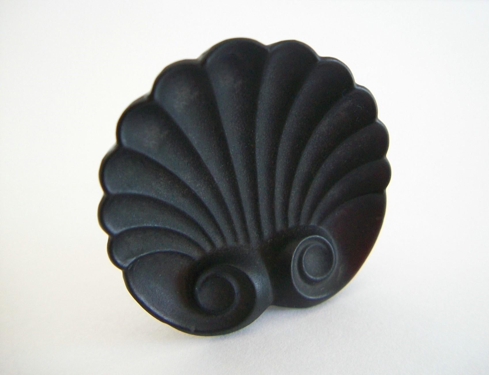Exceptional Napoleon III Neoclassical French jet (black glass) mourning brooch - the shell symbolizing eternal life - elegant design - matte finish - early original hand made 'c' catch and tube hinge and long pin in base metal - unsigned - France -