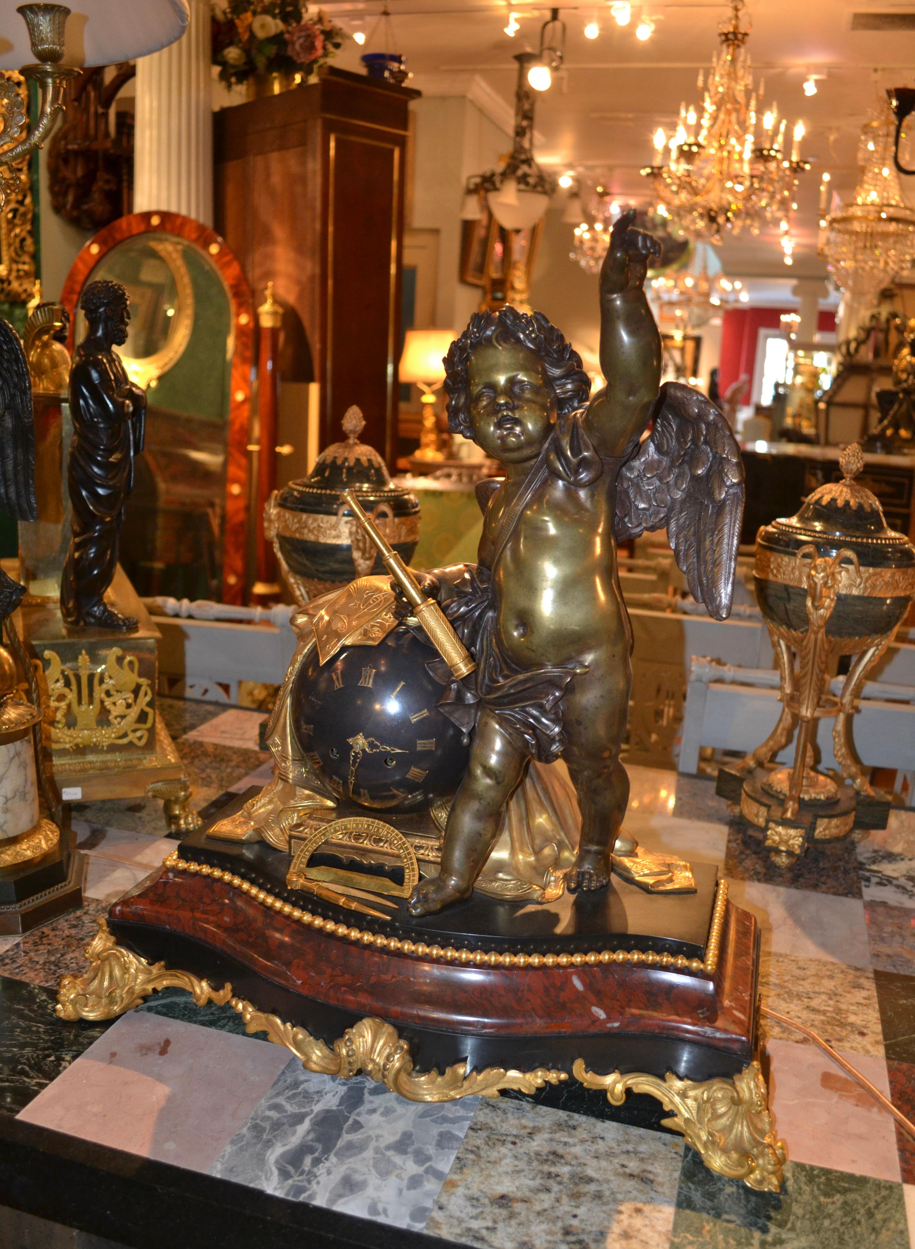 Bronze Napoléon III  Horloge de sciences astronomiques française en marbre et bronze en vente