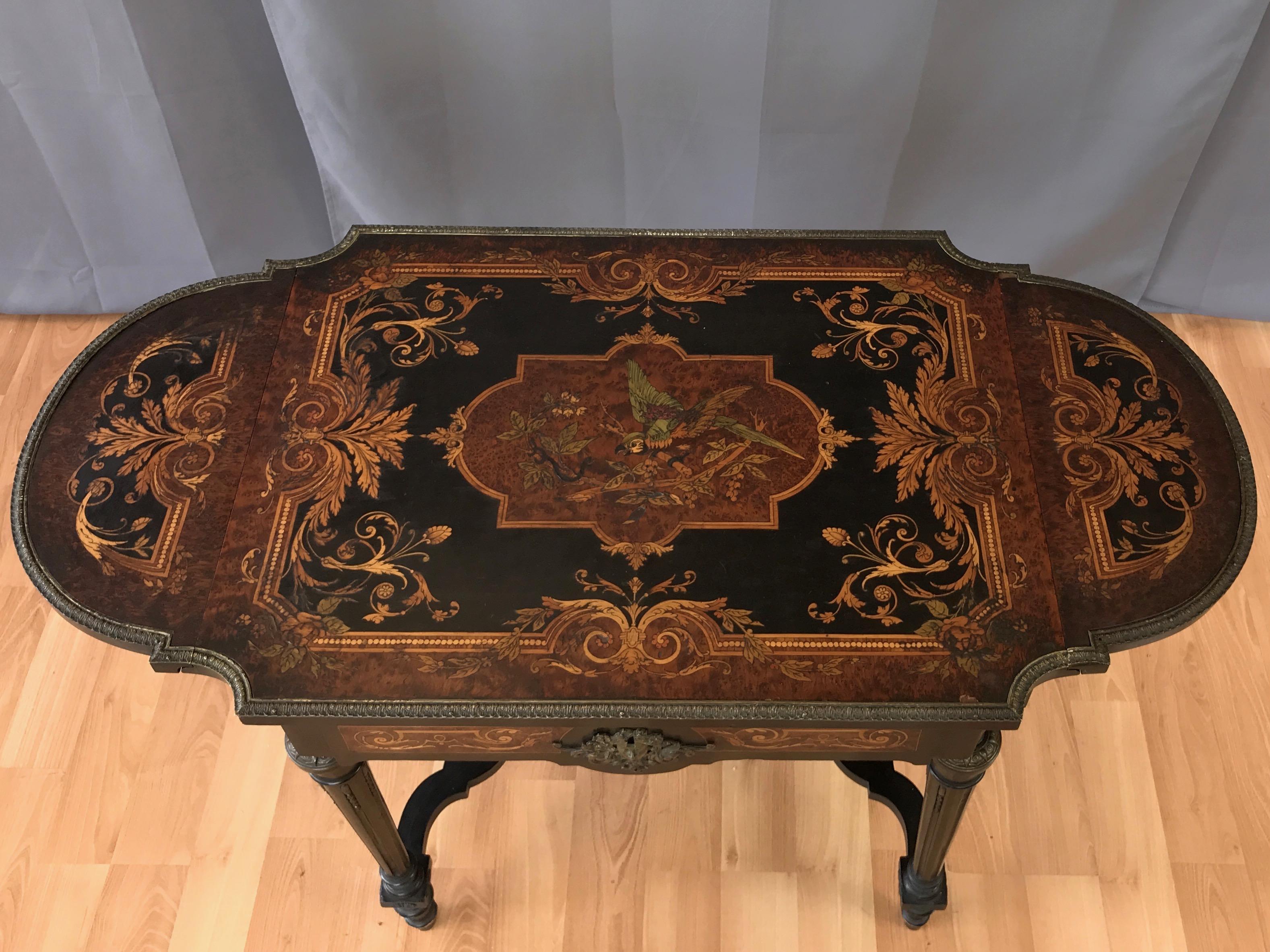 Ebonized Napoleon III French Marquetry Drop-Leaf Salon or Writing Table with Drawer, 1860