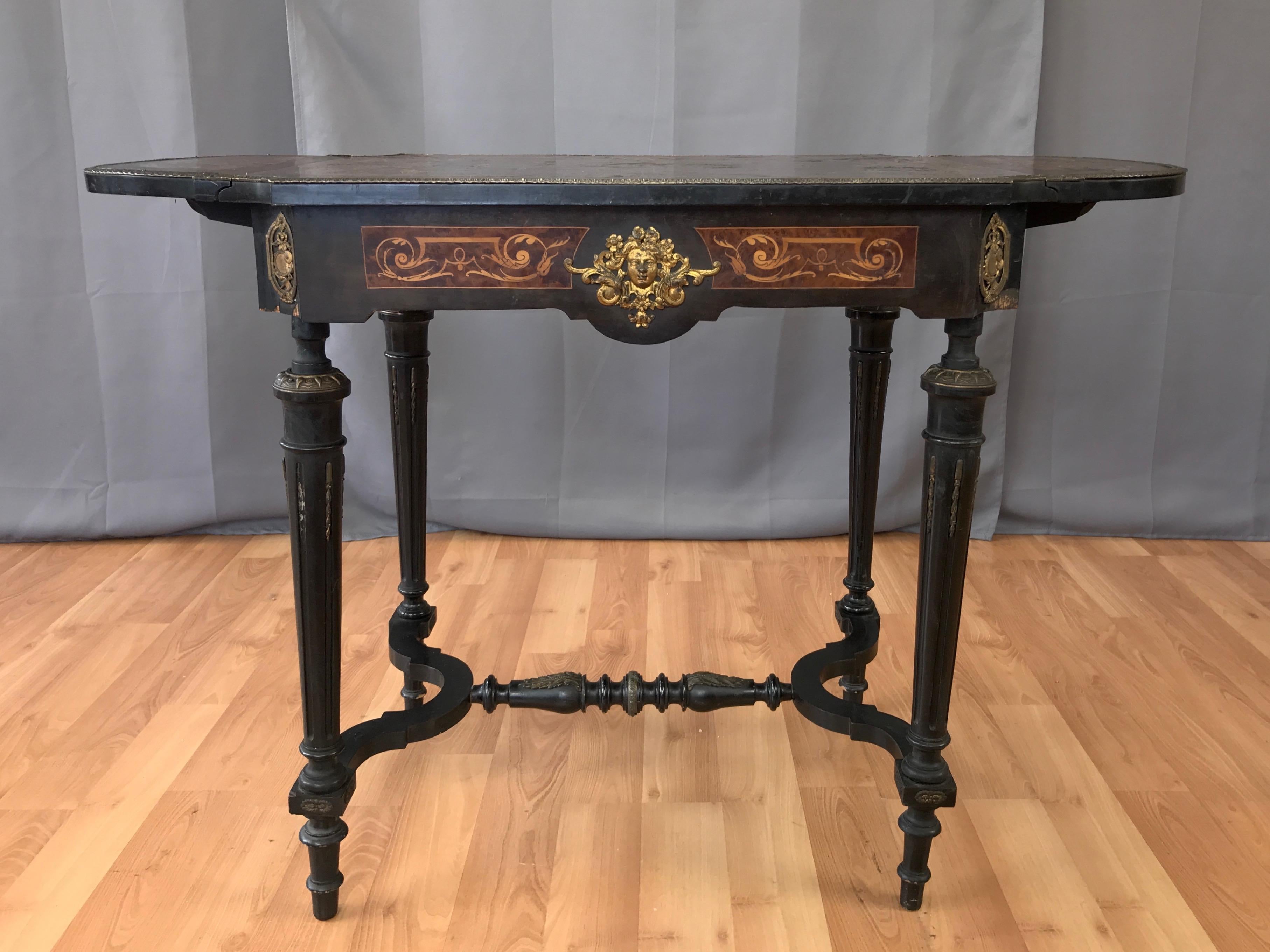 Napoleon III French Marquetry Drop-Leaf Salon or Writing Table with Drawer, 1860 In Fair Condition In San Francisco, CA