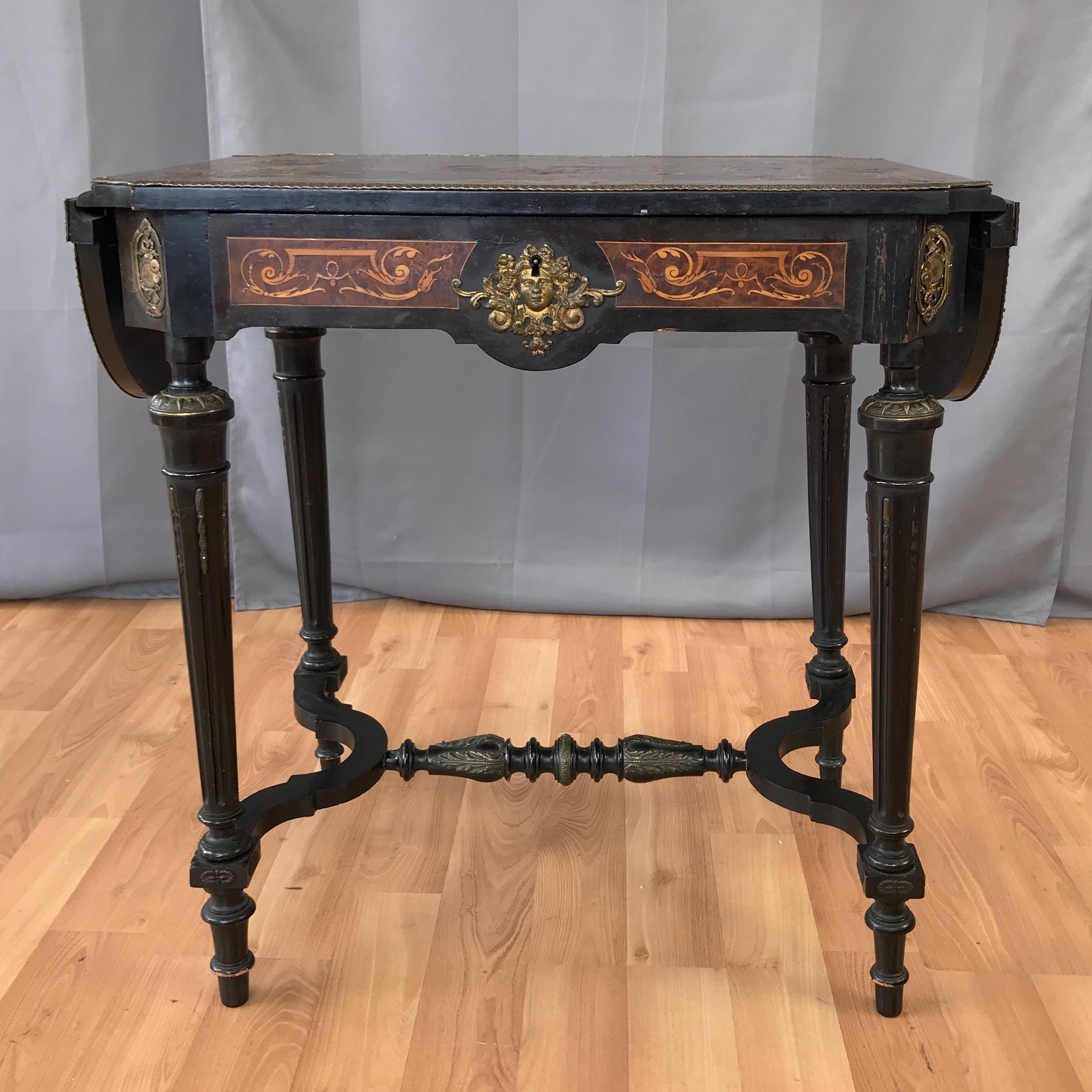 19th Century Napoleon III French Marquetry Drop-Leaf Salon or Writing Table with Drawer, 1860