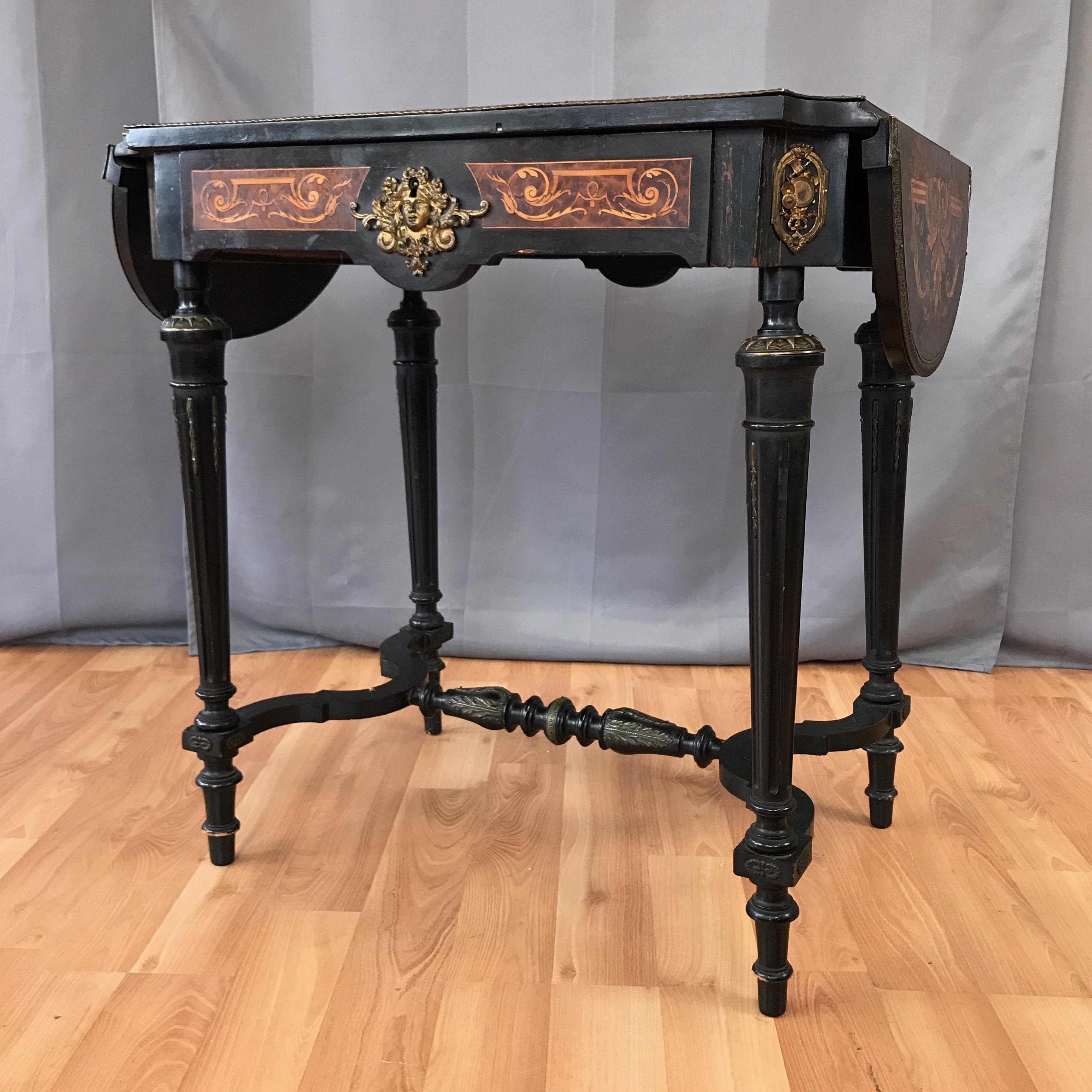 Mahogany Napoleon III French Marquetry Drop-Leaf Salon or Writing Table with Drawer, 1860