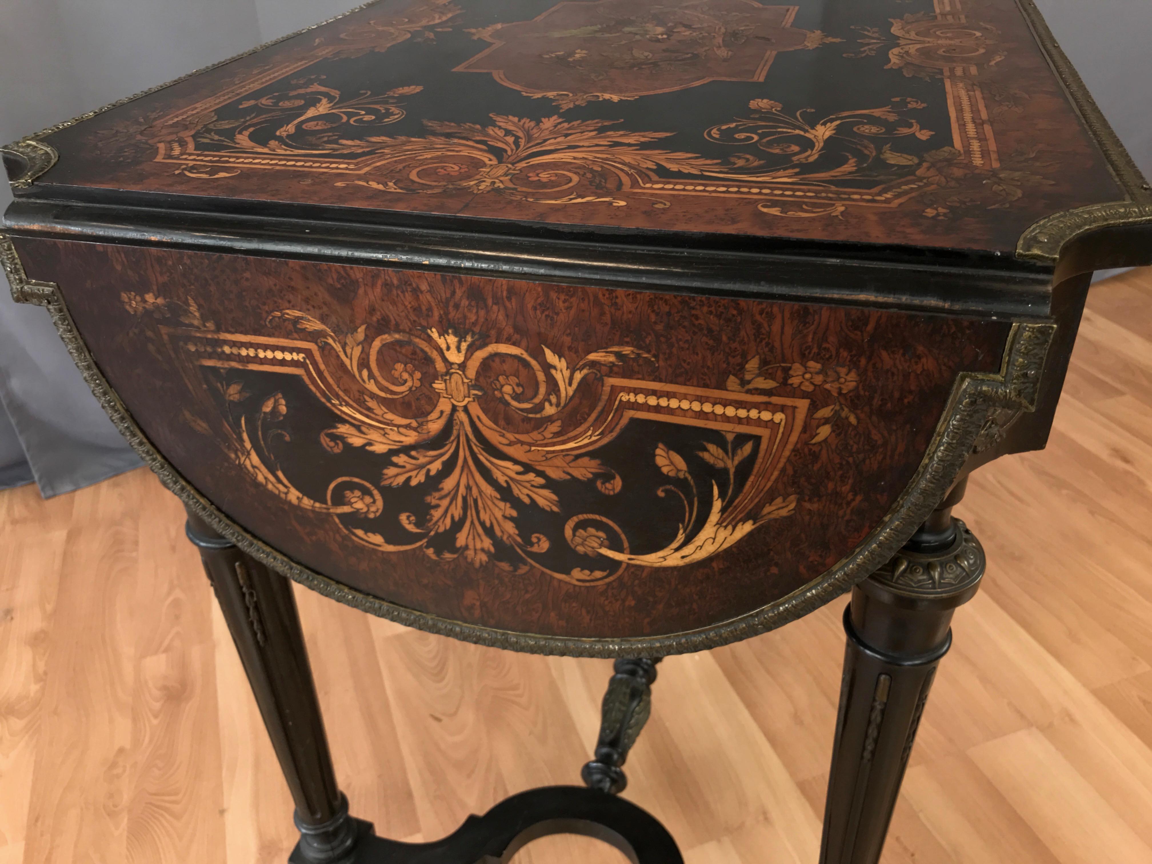 Napoleon III French Marquetry Drop-Leaf Salon or Writing Table with Drawer, 1860 2