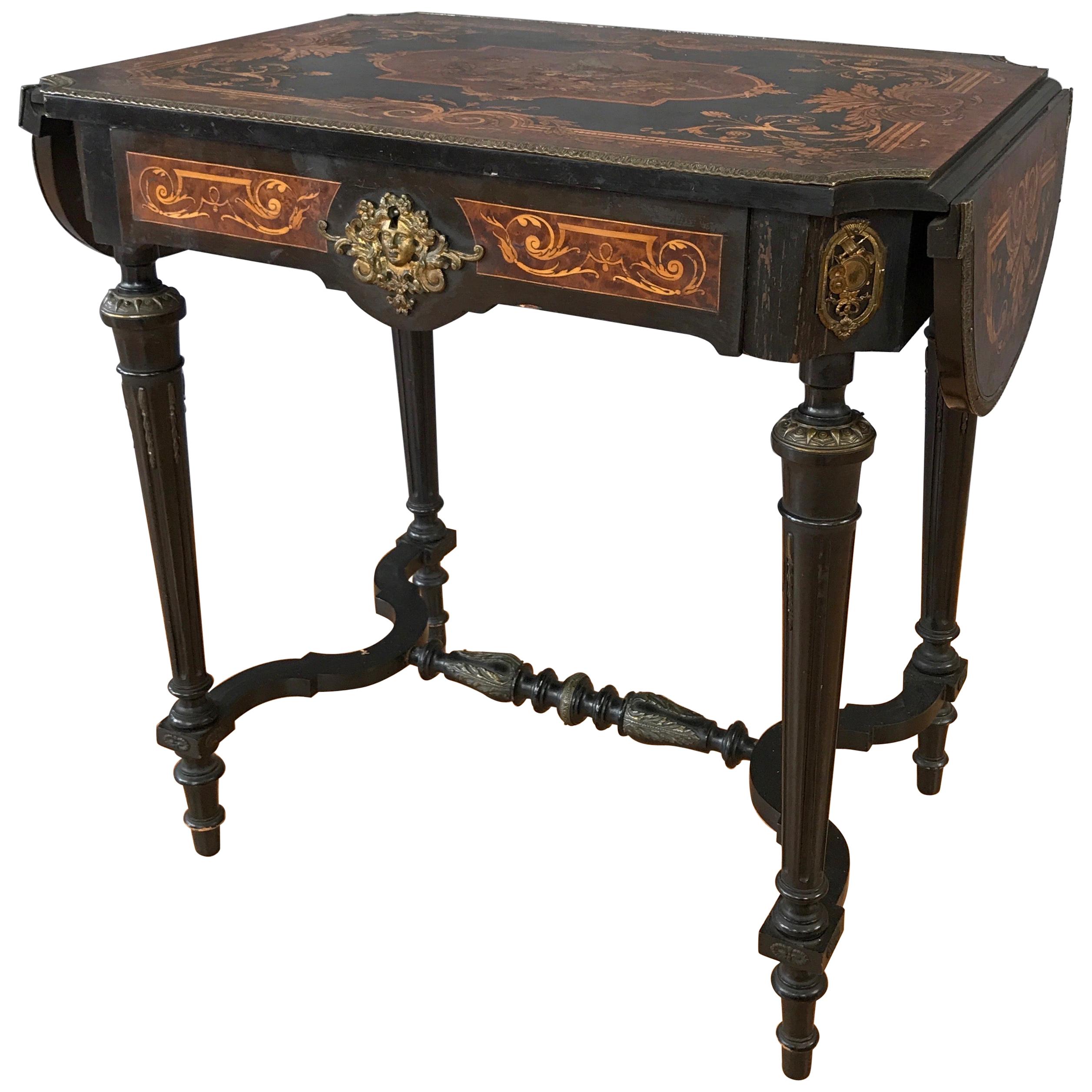 Napoleon III French Marquetry Drop-Leaf Salon or Writing Table with Drawer, 1860