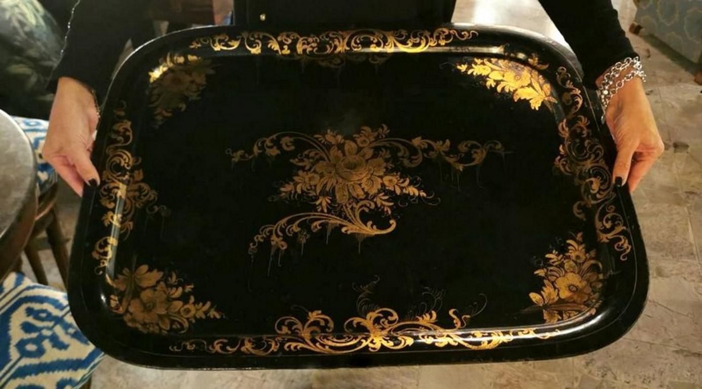 Napoleon III French Metal Toleware Tray Hand Painted with Gold Paint  7