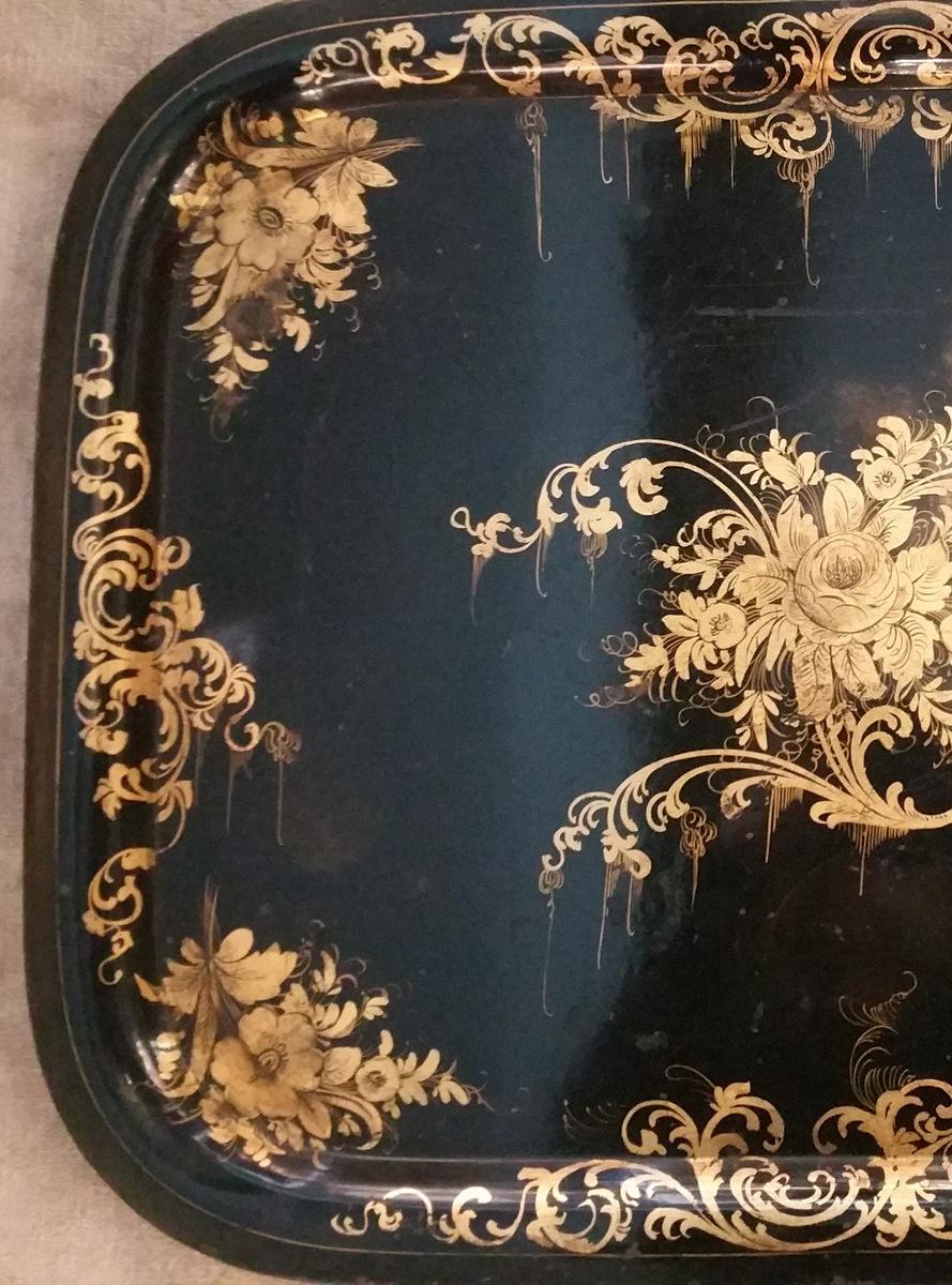 Gilt Napoleon III French Metal Toleware Tray Hand Painted with Gold Paint 