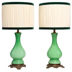 Antique Napoleon III French Pair of Green Opaline Glass and Brass Base Lamps, 1850