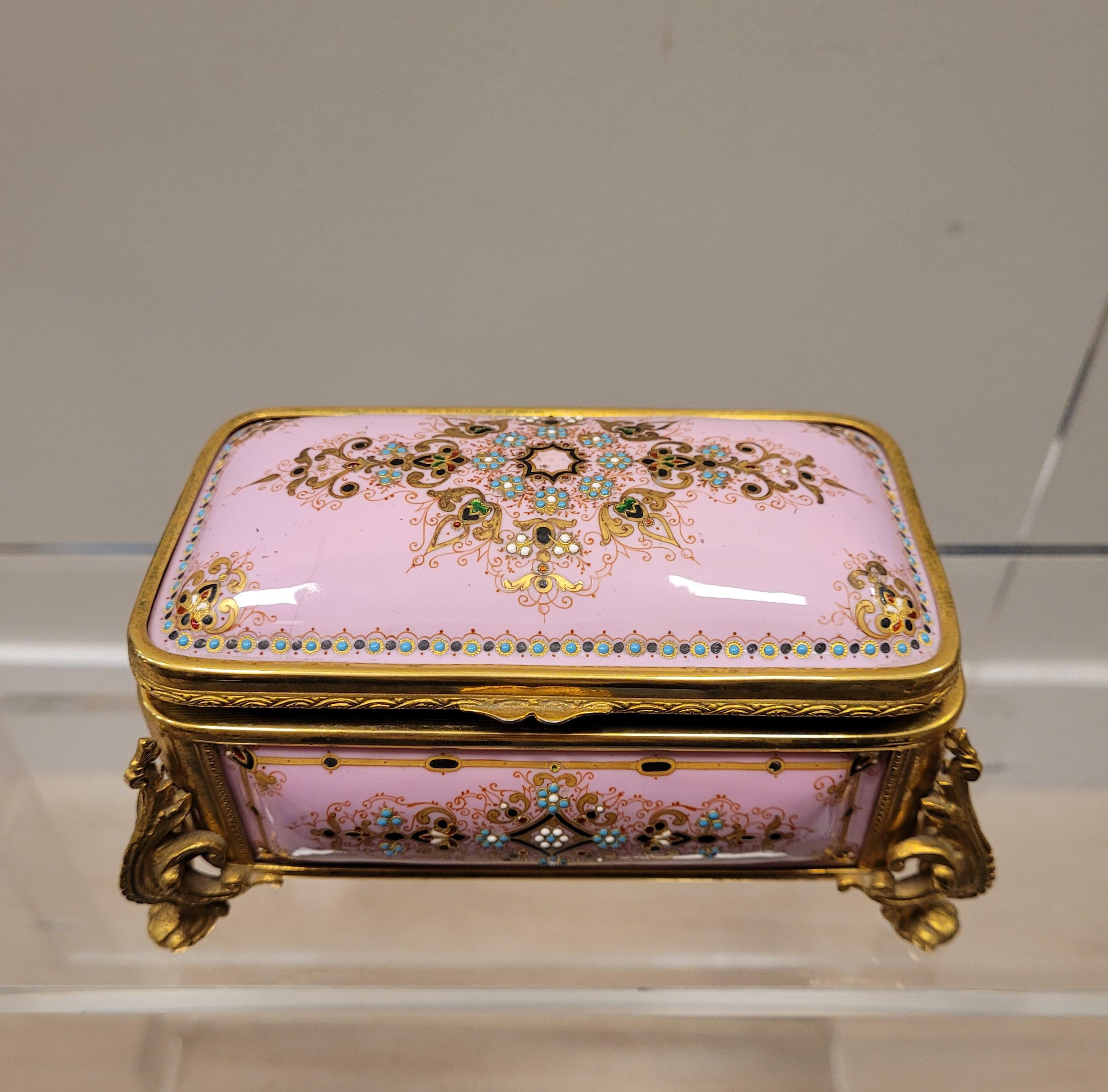 Napoleón III French Pink Enamel Jewelry Box, Ormolu 13