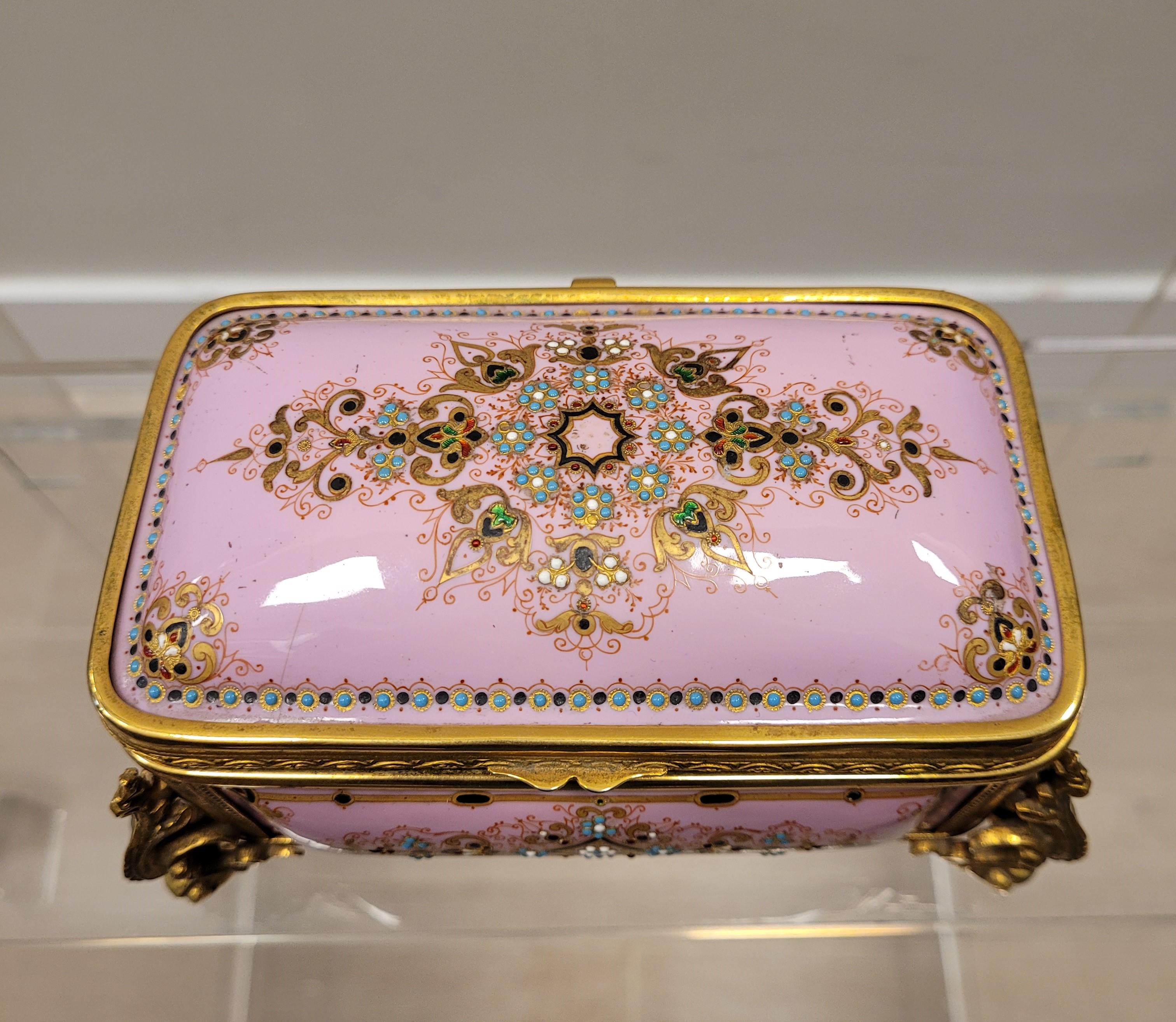 Napoleón III French Pink Enamel Jewelry Box, Ormolu 14